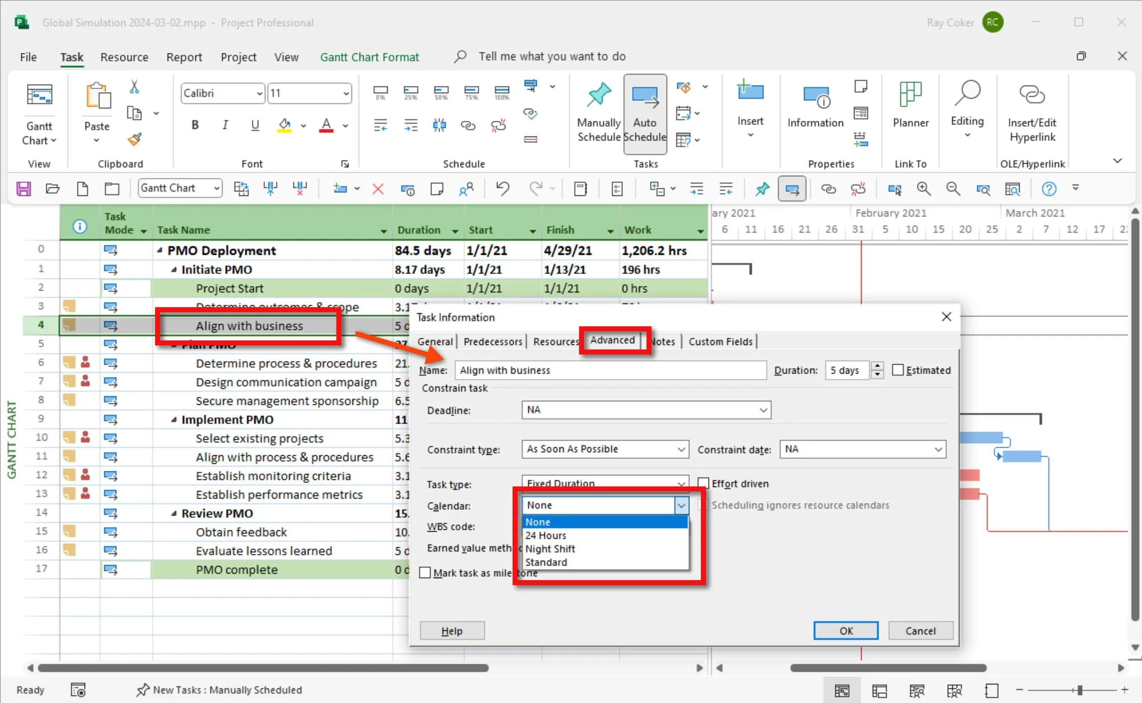 Microsoft Project Task Information dialog box showing the Advanced tab where a task calendar can be assigned and scheduling options configured for an individual task.