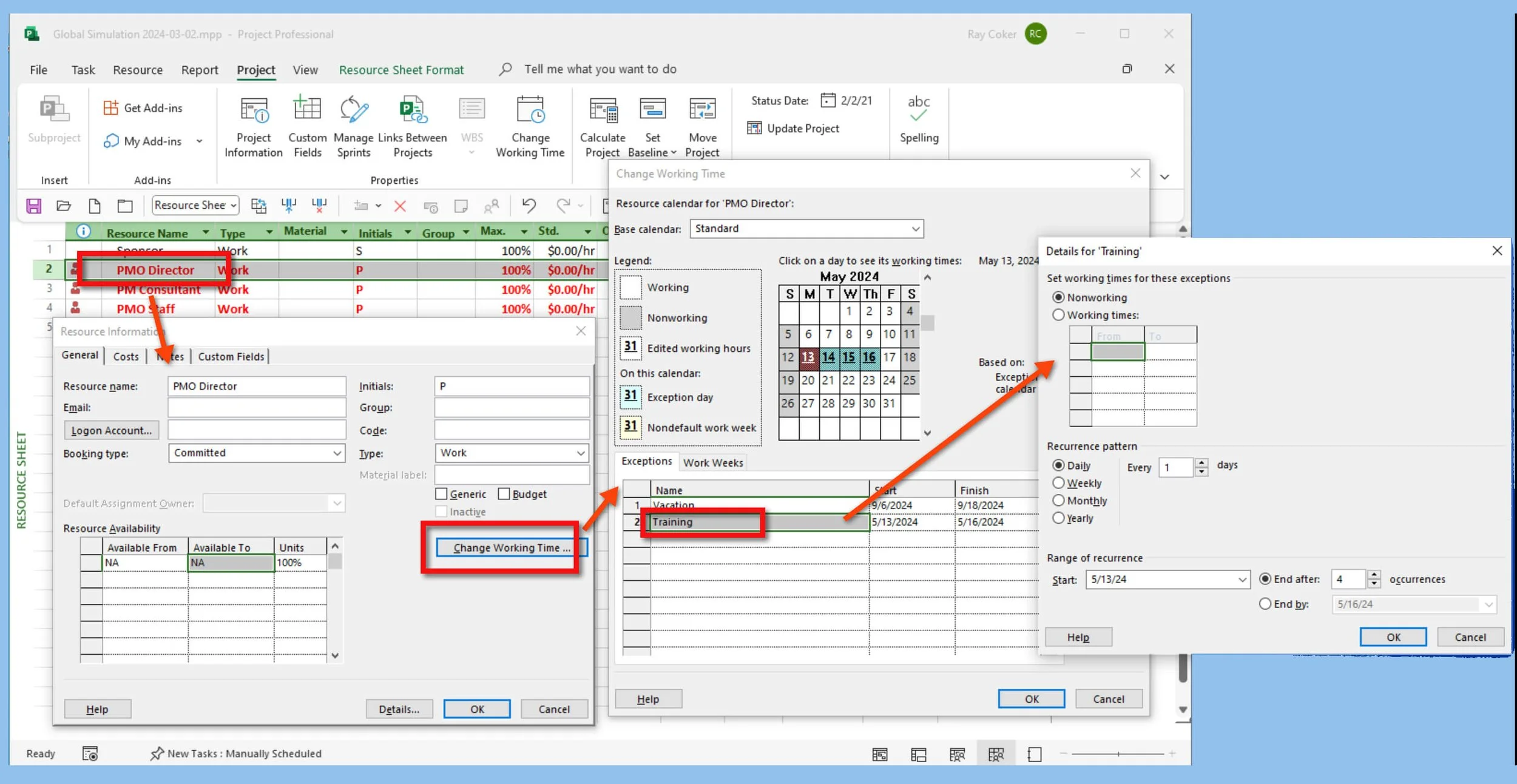 Microsoft Project resource calendar showing exception periods and nonworking time used to define when an individual resource is unavailable for project assignments.