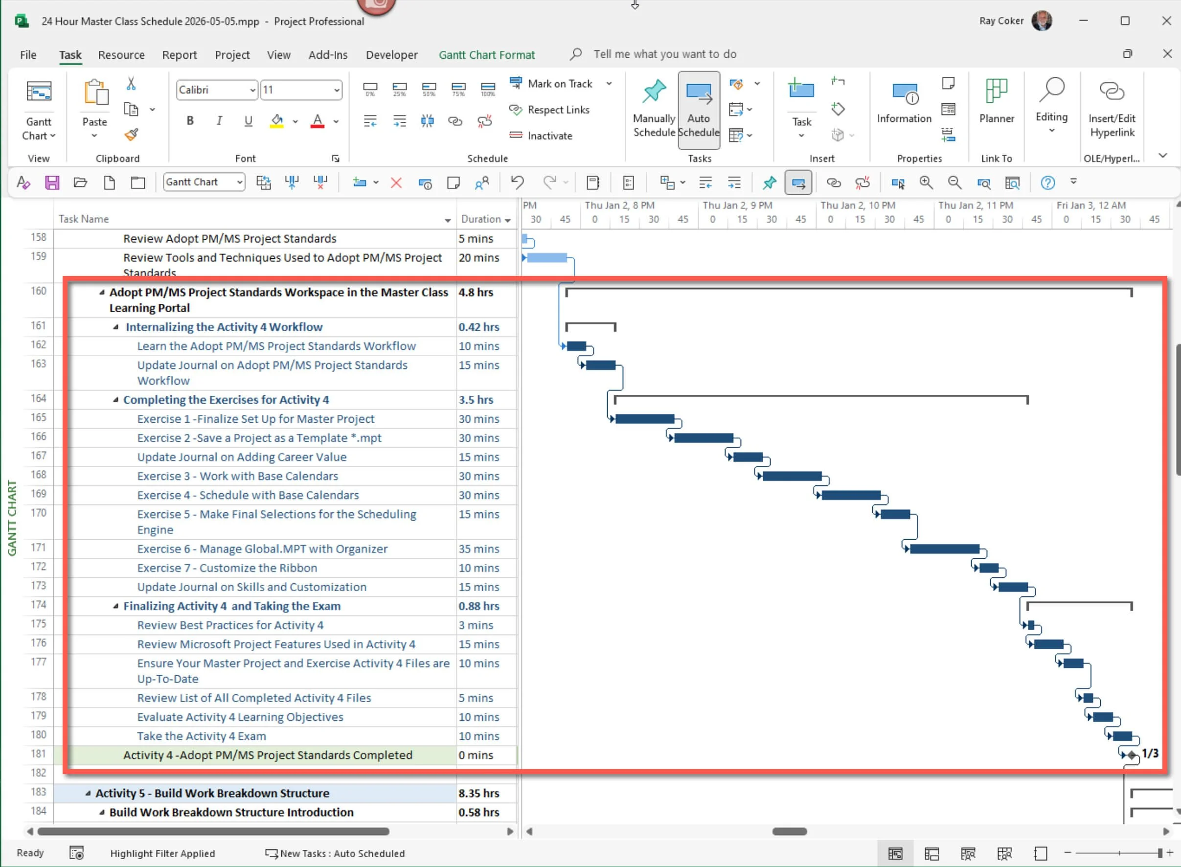 Microsoft Project schedule outlining the Activity 10 Workspace, including reading assignments, workflow review, resource management exercises, Master Project applications, journal activities, and final assessment in the MS Project Master Class.