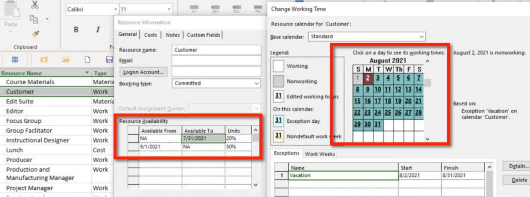 Microsoft Project Resource Information dialog displaying resource availability dates, Max Units, and calendar exceptions, including a vacation period highlighted within the Change Working Time calendar.