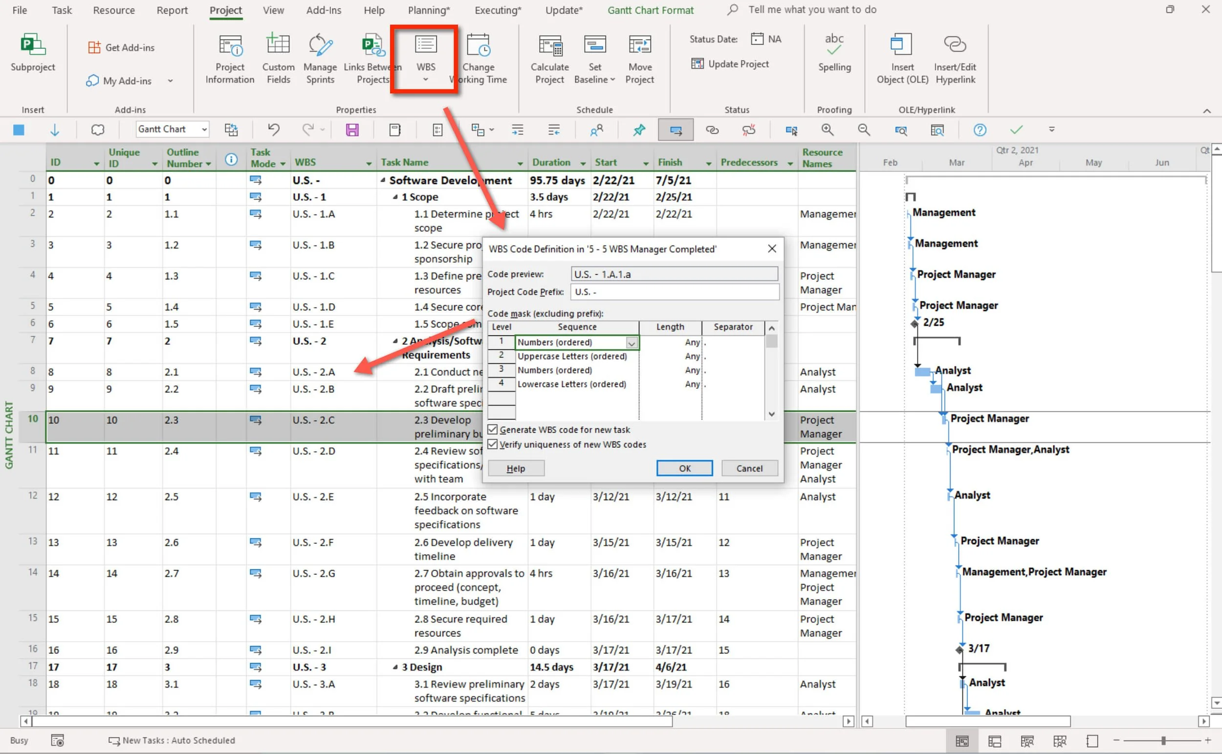 Microsoft Project Gantt Chart displaying generated custom WBS codes beside tasks, with hierarchical codes identifying phases, Summary Elements, Activities, and Milestones.