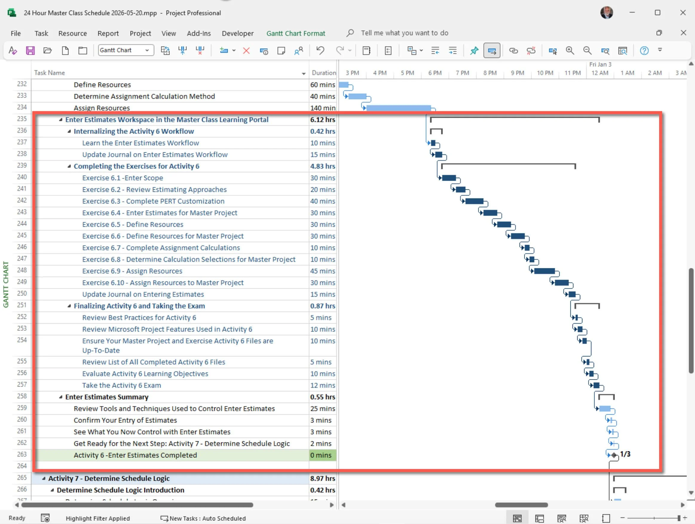 Microsoft Project Gantt Chart displaying the complete Activity 7 Workspace schedule with workflow steps, exercises, journal updates, review activities, and the final exam.