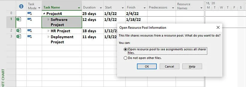 Microsoft Project message requesting that the Resource Pool be opened so shared resource assignments across multiple projects can be reviewed and managed correctly.