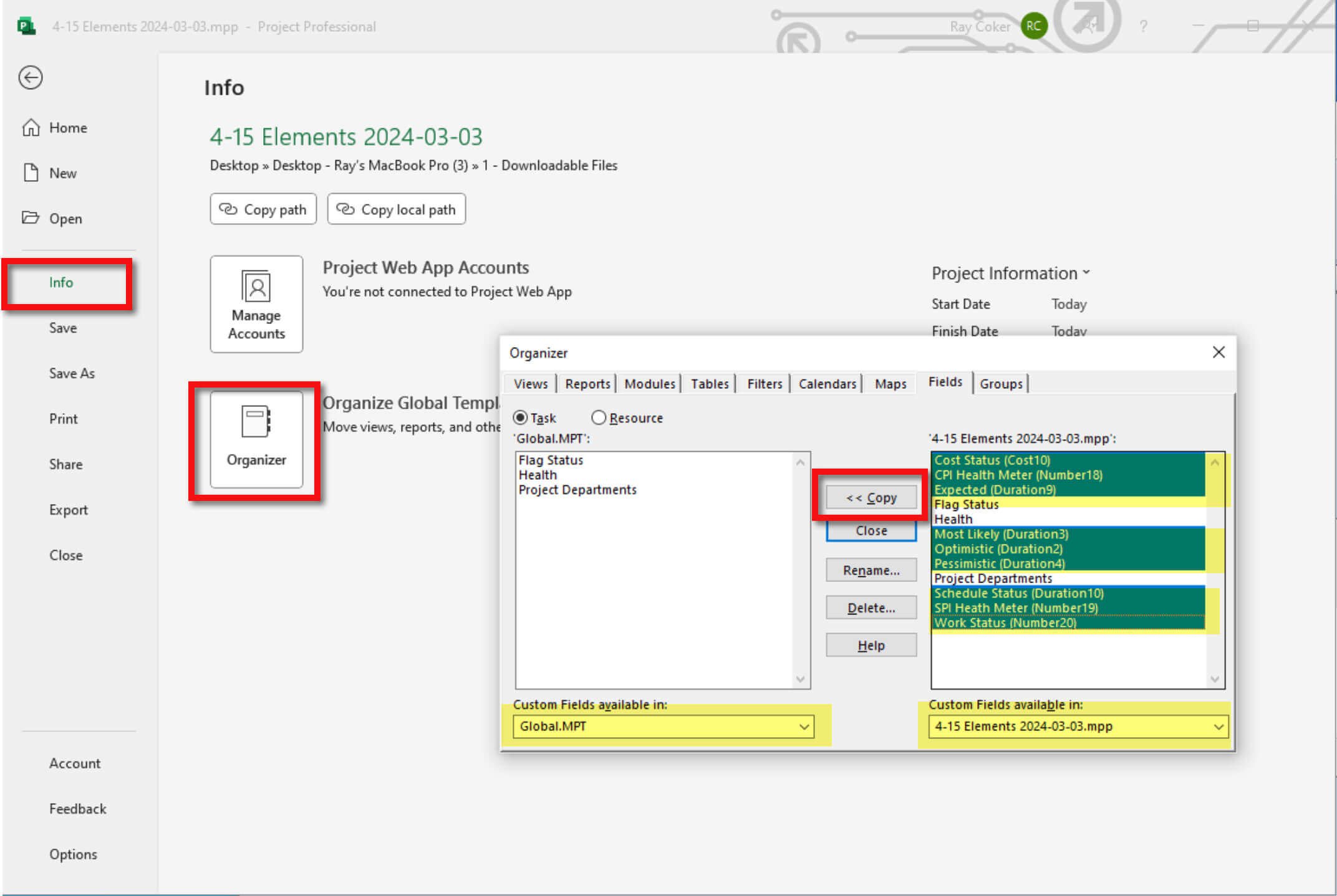 Microsoft Project Organizer Fields tab showing several custom fields selected in a project file and copied to Global.MPT while enterprise fields remain excluded.
