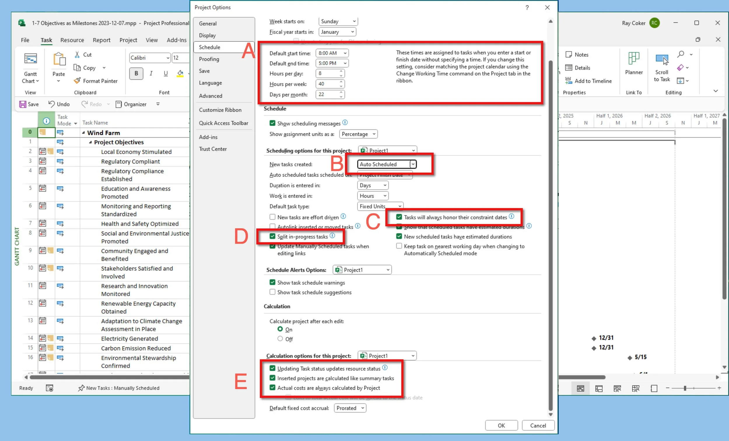 Microsoft Project Options Schedule page with labeled settings for calendar assumptions, Auto Scheduled tasks, constraint dates, split in-progress tasks, and calculation options.