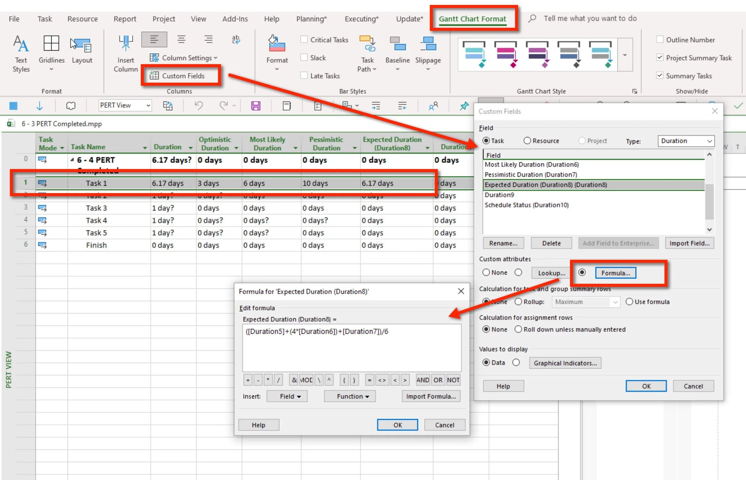 Microsoft Project screenshot showing the Custom Fields dialog box with a custom duration field selected for configuring PERT calculations, formulas, and field properties.