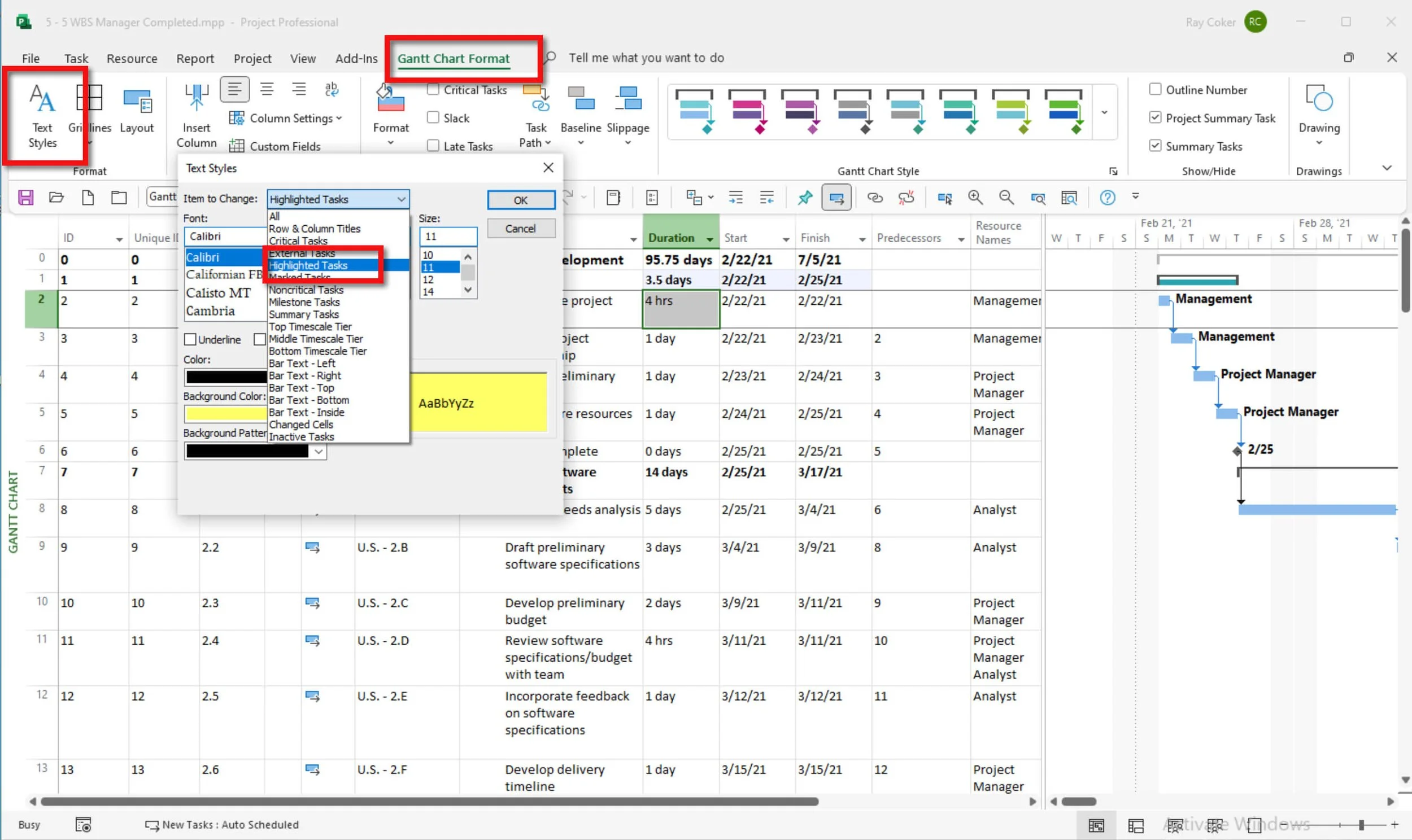 Microsoft Project Gantt Chart Format dialog showing the Highlighted Tasks text style selected with a custom background color applied to emphasize tasks that meet the criteria of a highlighted filter.