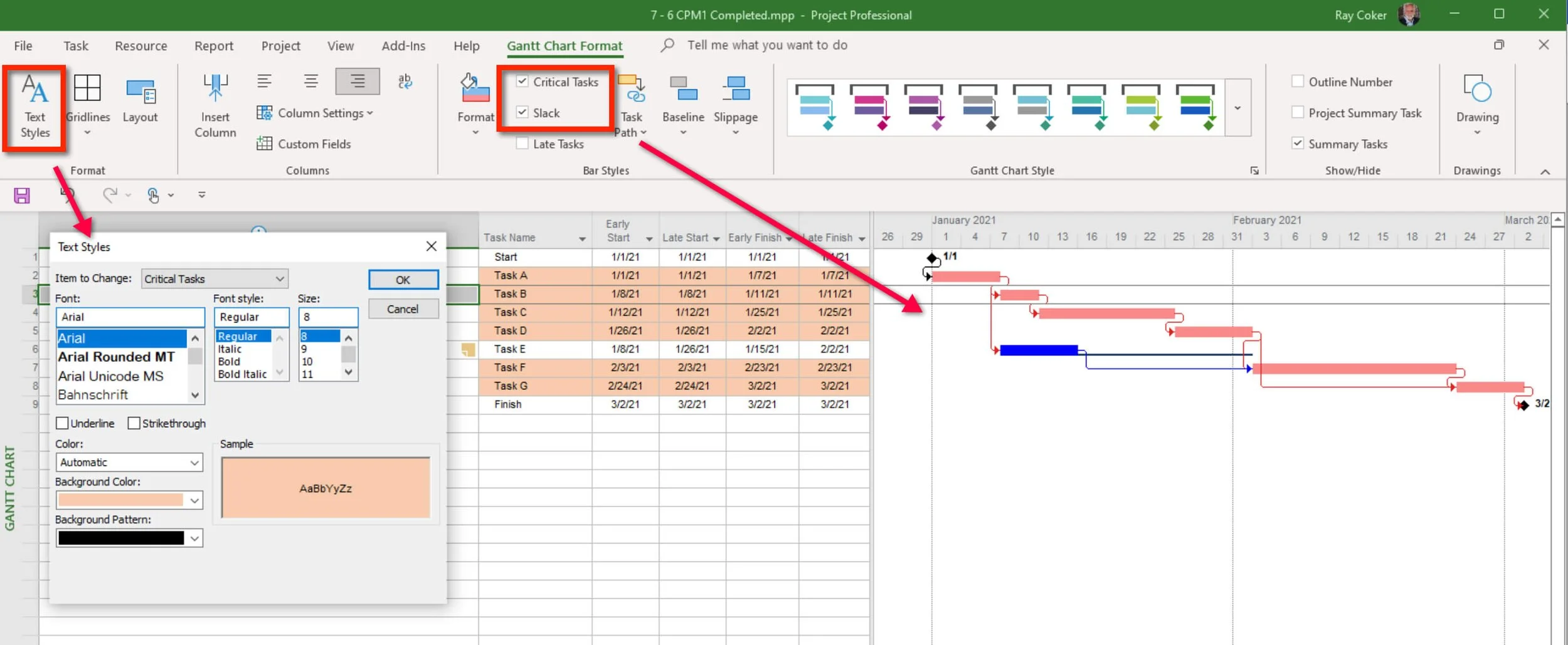 Microsoft Project Gantt Chart showing the Bridge Critical Path table with Critical activities highlighted and Slack displayed on the taskbars.