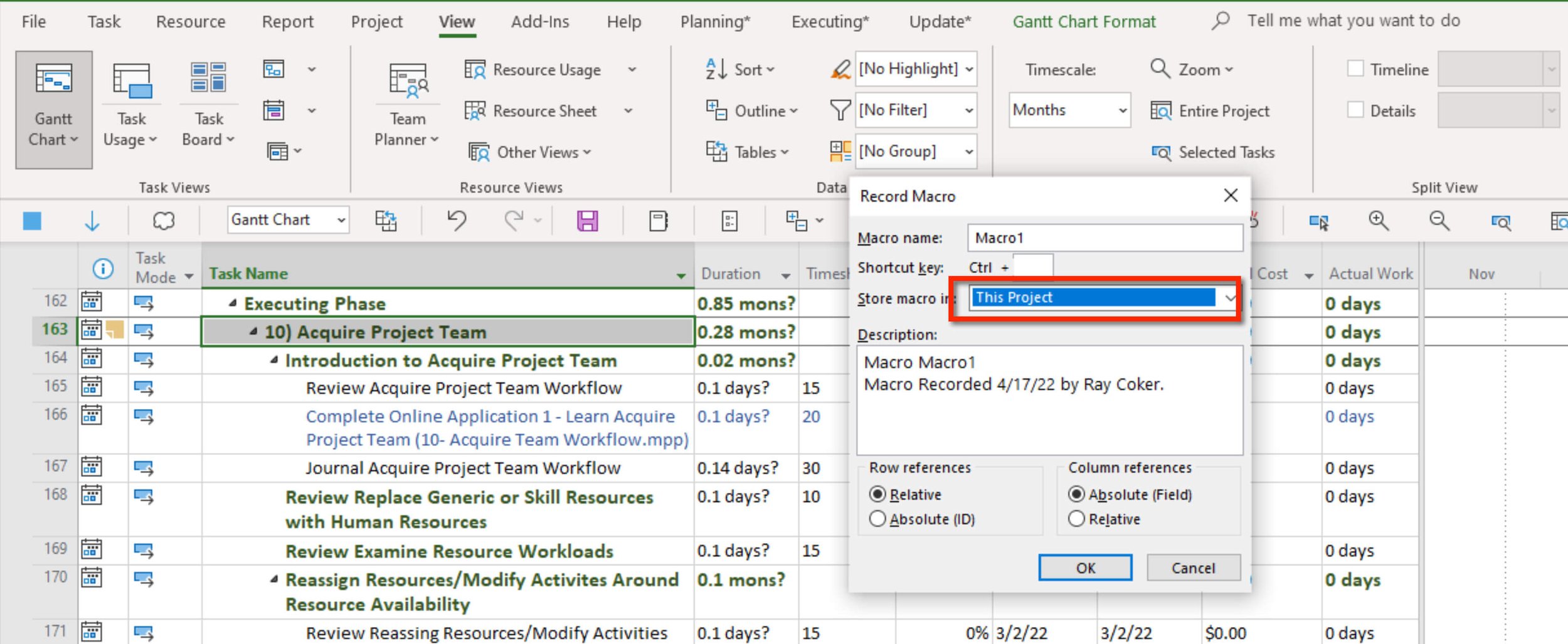Free Online MSP Training - How to store a macro in Microsoft Project