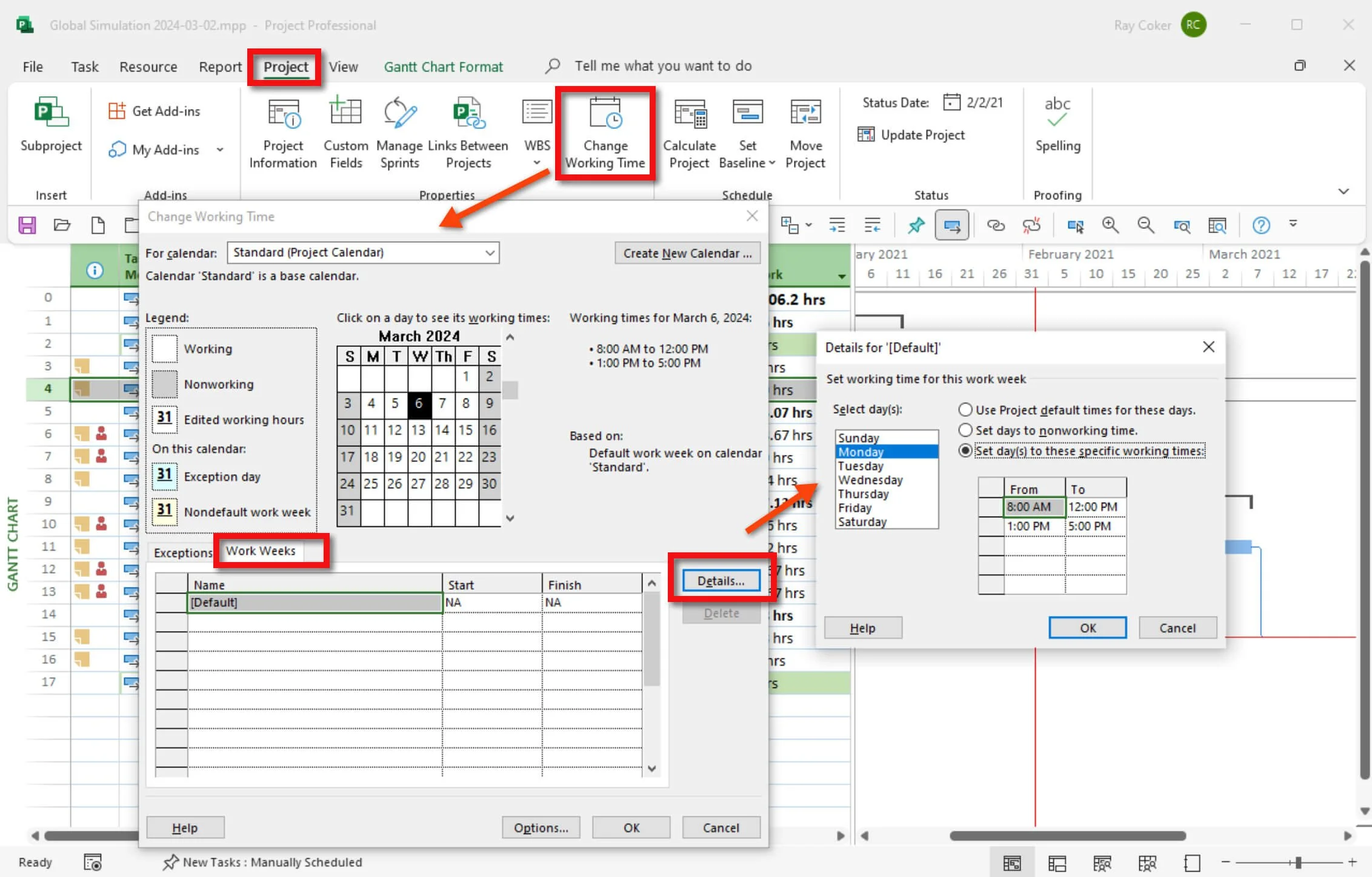 Microsoft Project Change Working Time dialog box showing calendar dates, working hours, and weekly schedules used to define standard working time.