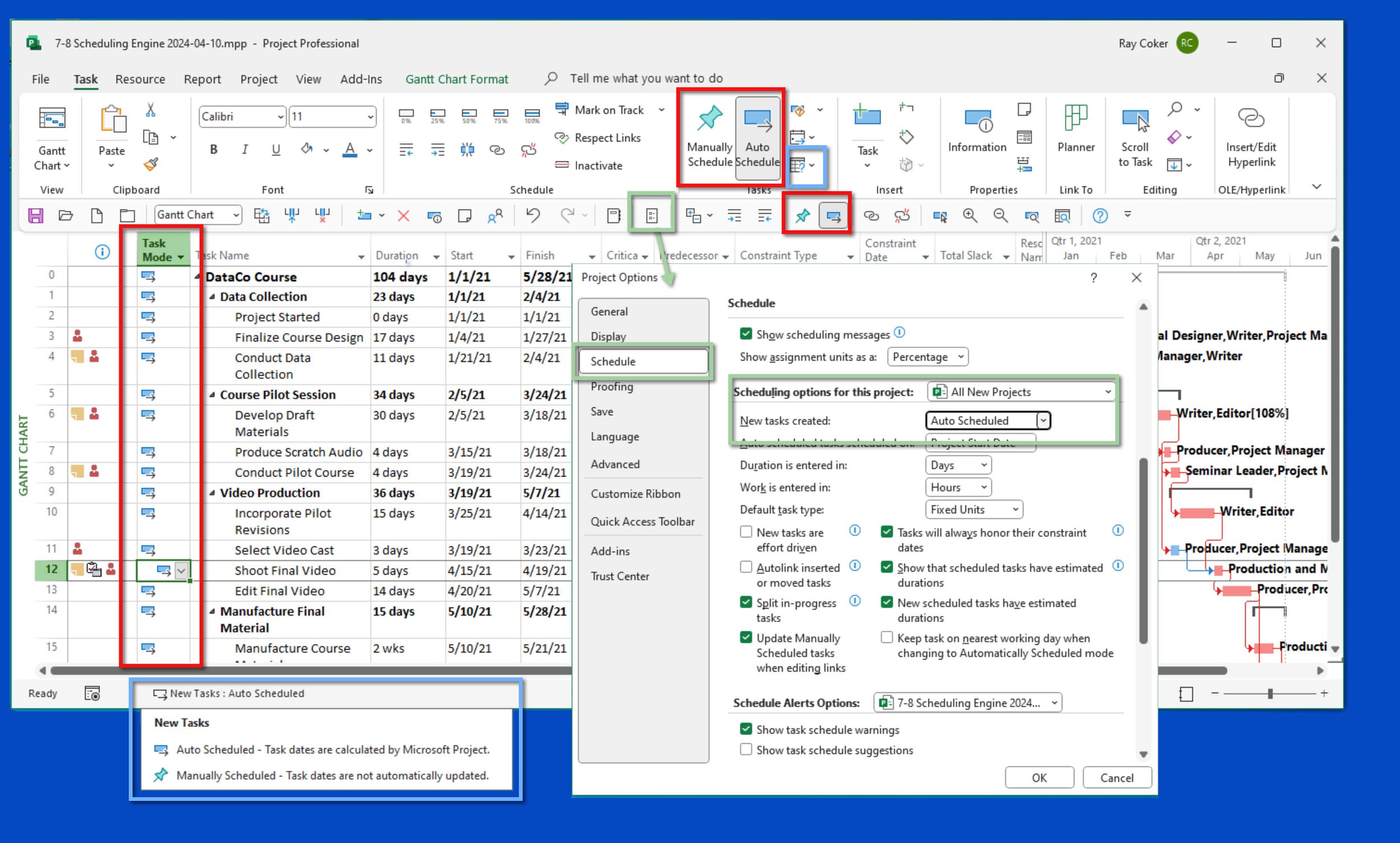 Microsoft Project interface highlighting Task Mode controls in the Task Mode field, Task ribbon, Bridge Quick Access Toolbar, and Project Options.