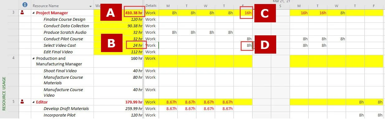 Microsoft Project Resource Usage view identifying four different Work fields associated with resources and assignments.