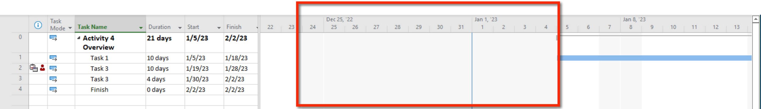 Microsoft Project Gantt Chart showing a holiday exception from the Project Calendar displayed as nonworking time across the timescale, confirming its effect on task scheduling.