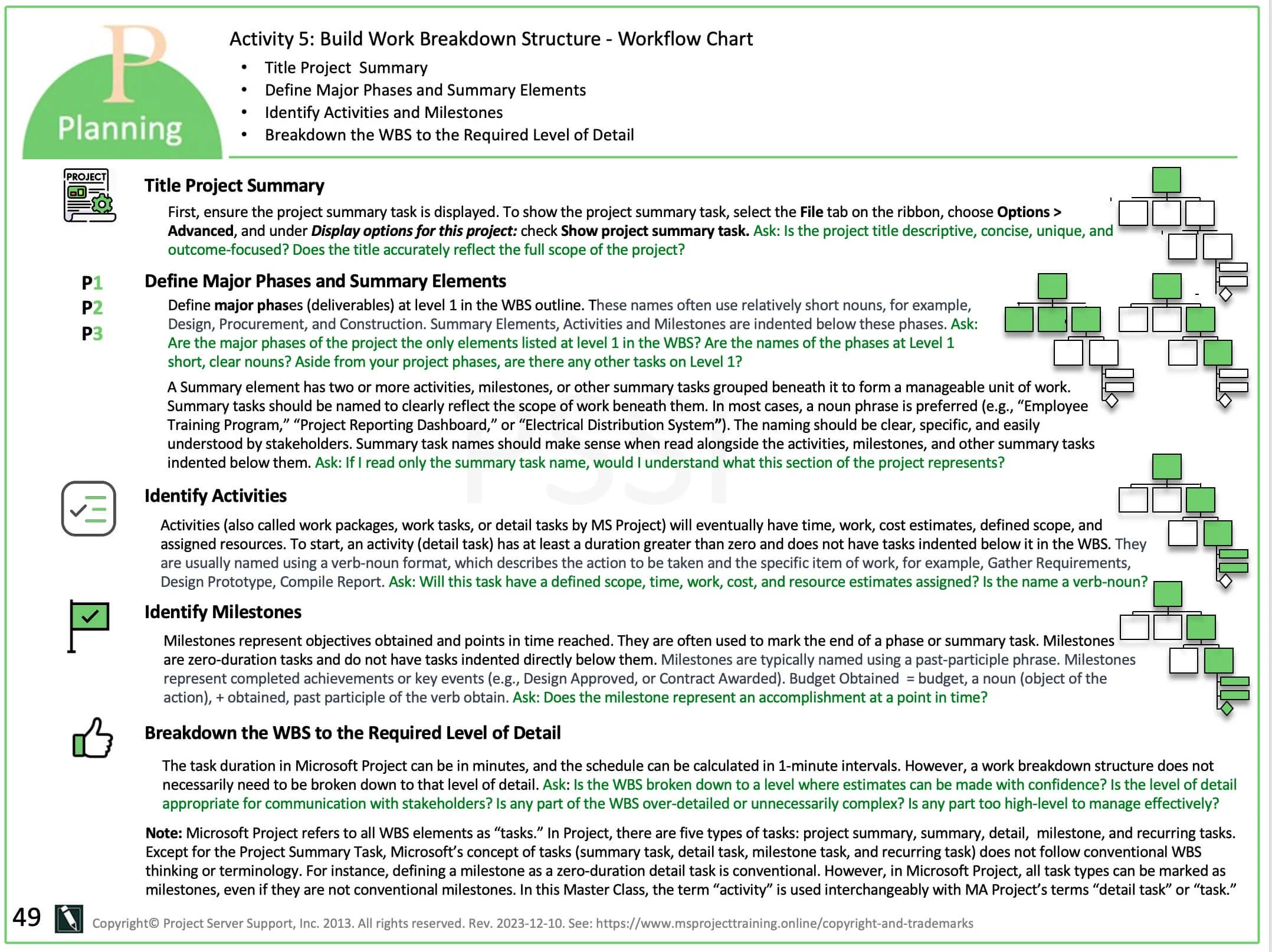 Workflow chart illustrating the complete Build Work Breakdown Structure process, including defining the Project Summary, Major Phases, Summary Elements, Activities, Milestones, and the appropriate level of WBS detail.