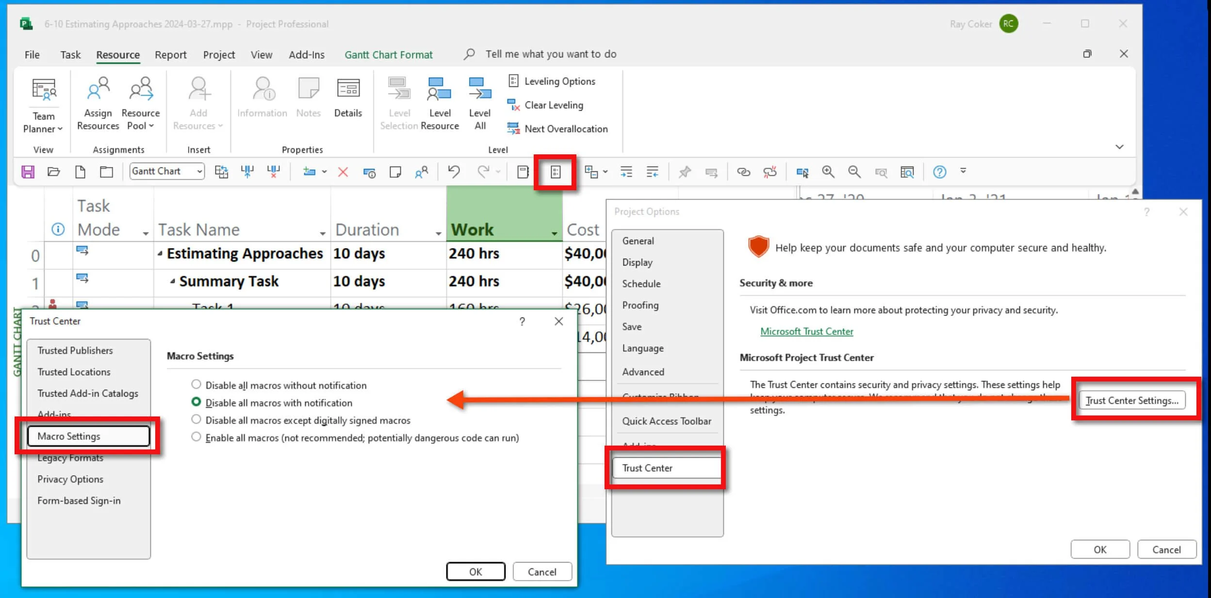 Microsoft Project Trust Center displaying Macro Settings with Disable all macros with notification selected and the Trust Center Settings command highlighted.
