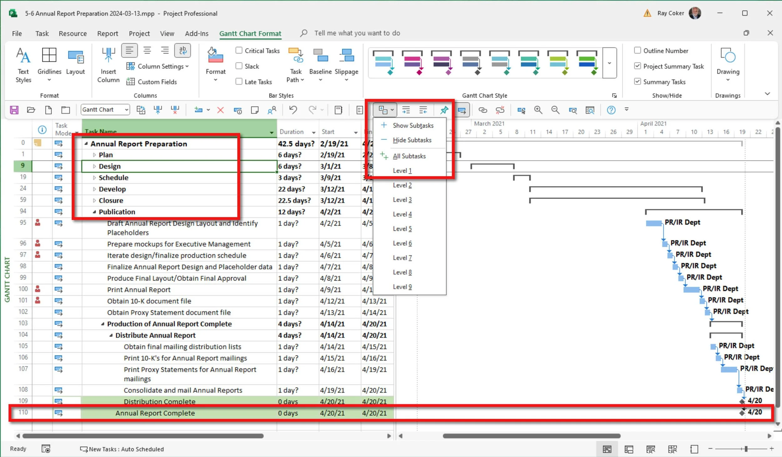 Microsoft Project Annual Report Preparation schedule showing a corrected Work Breakdown Structure with clearly named Level 1 phases, an indented completion Milestone, and highlighted Milestones.