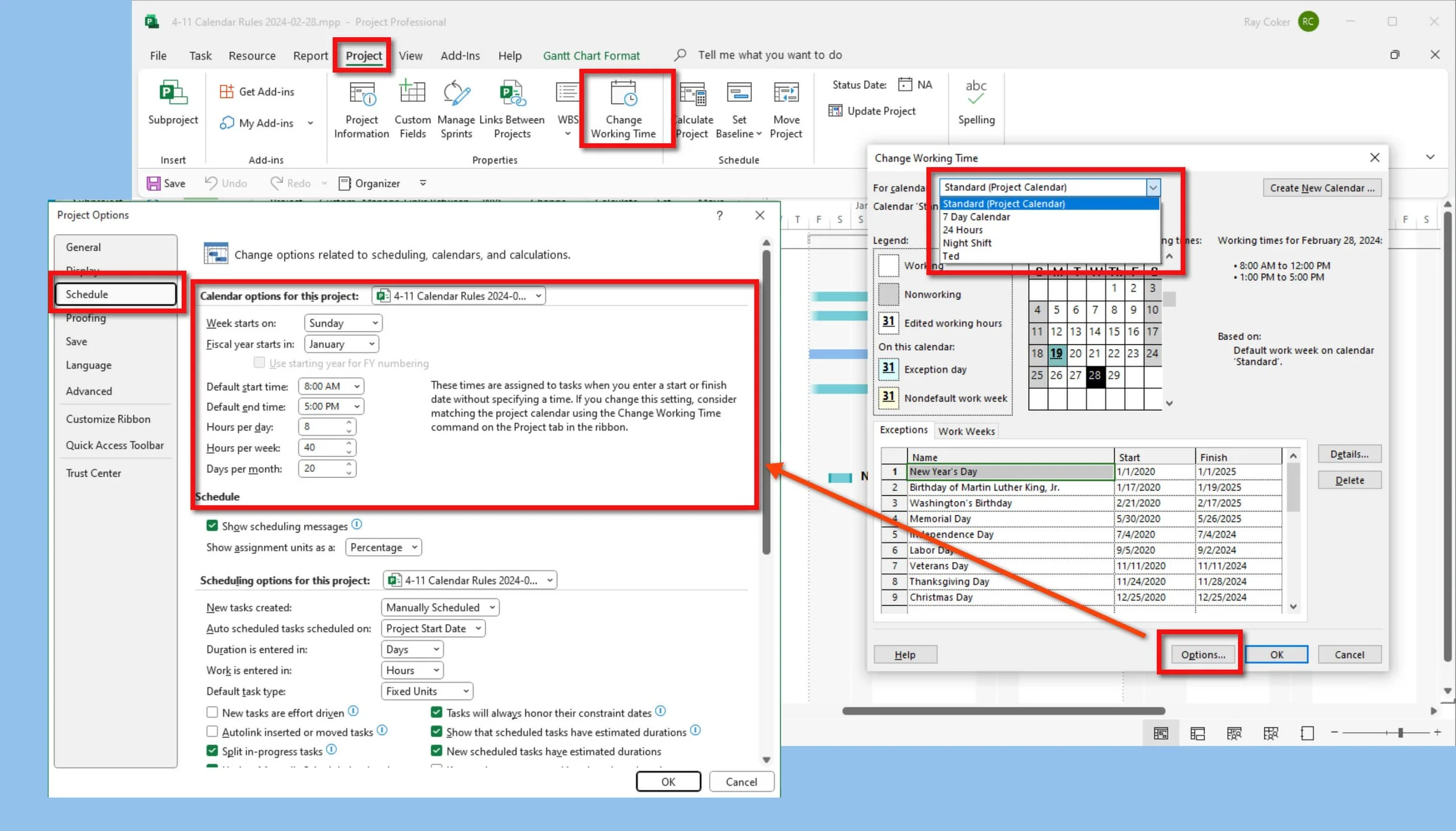 Microsoft Project calendar comparison showing the Standard, 24 Hours, and Night Shift base calendars used to define different working schedules for project, task, and resource scheduling.
