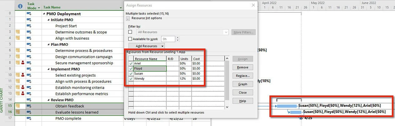 Microsoft Project schedule comparing overlapping Activities before and after assignment changes that resolve resource overallocation without delaying the project unnecessarily.