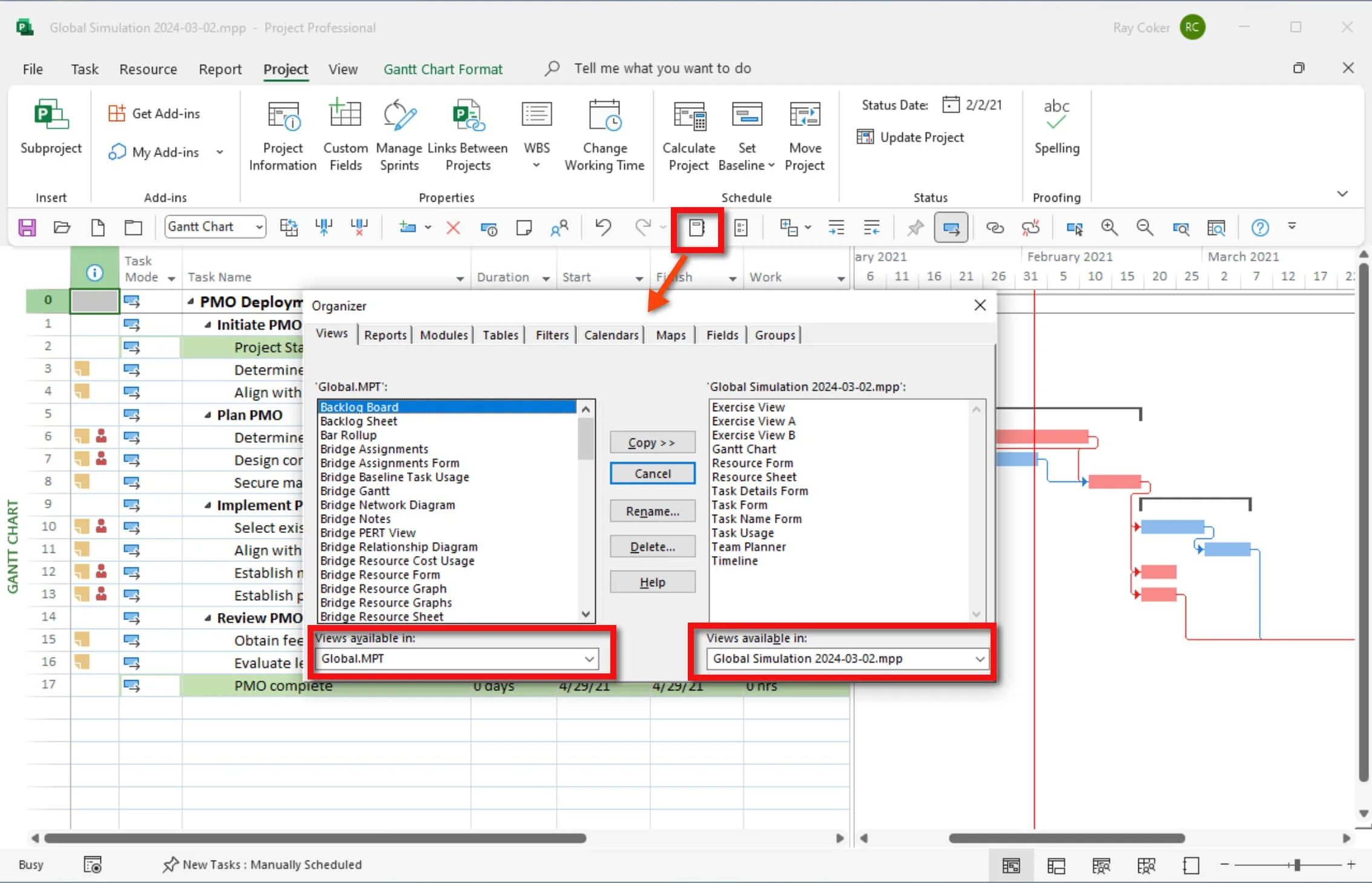 Microsoft Project Organizer dialog box showing tabs for Views, Tables, Reports, Calendars, Fields, Filters, Groups, Modules, and Maps used to manage and share custom project elements.