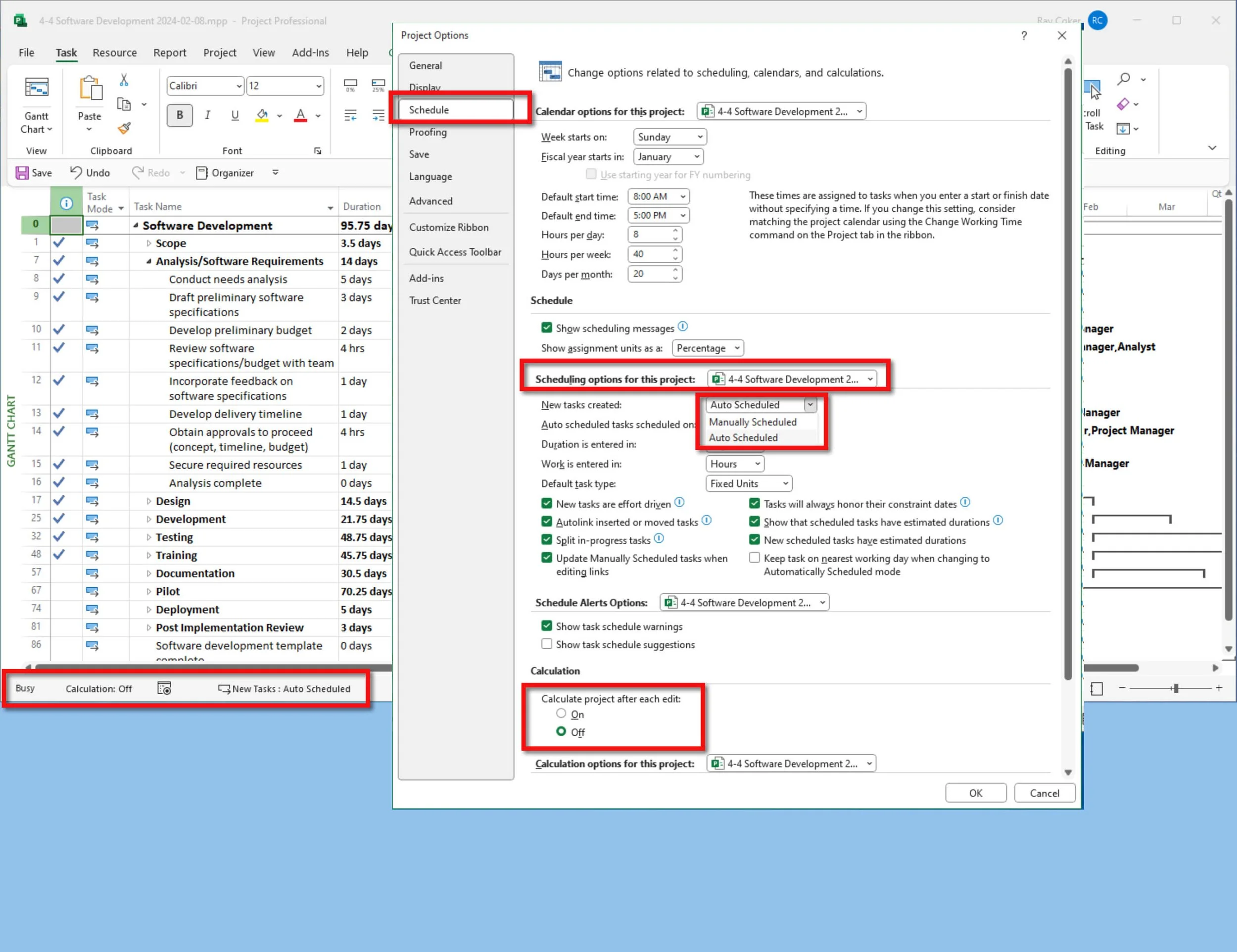 Microsoft Project Options dialog identifying local project settings and global default settings. The figure explains which options affect only the current project versus future projects.