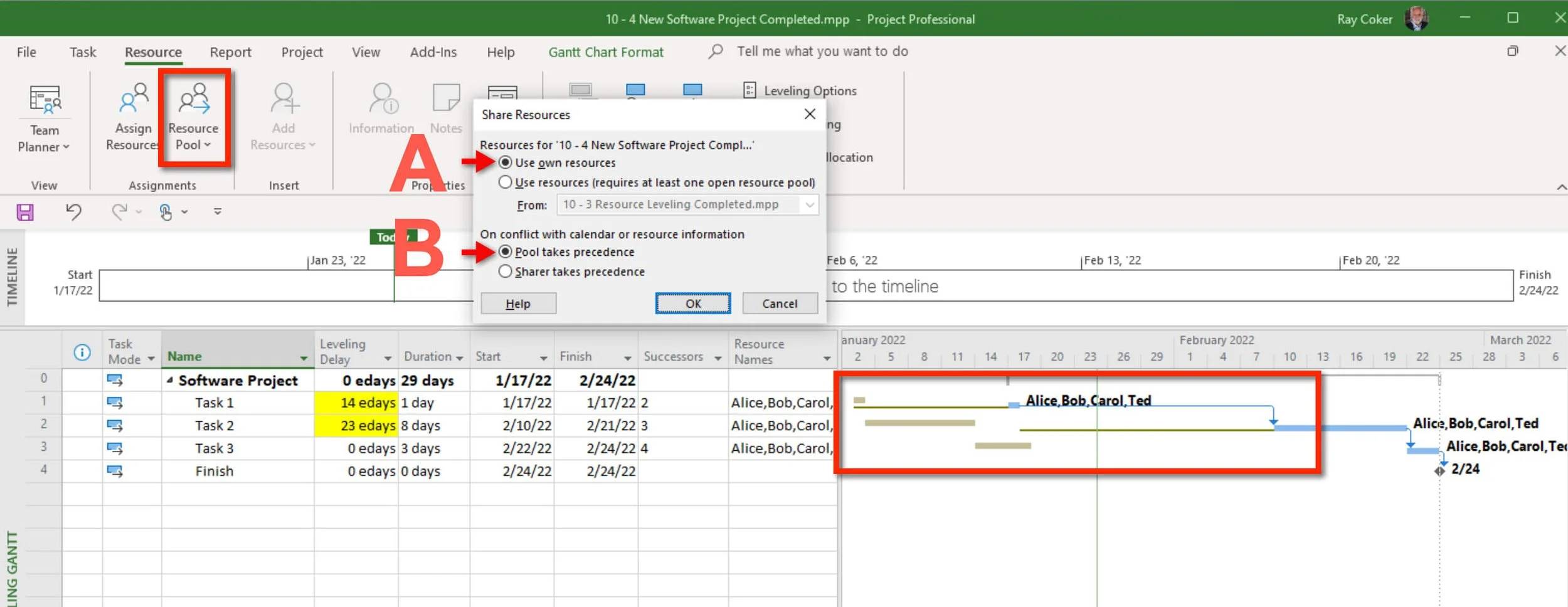 Completed Microsoft Project Resource Pool exercise showing a project disconnected from the shared Resource Pool while retaining assigned resources for continued independent scheduling.