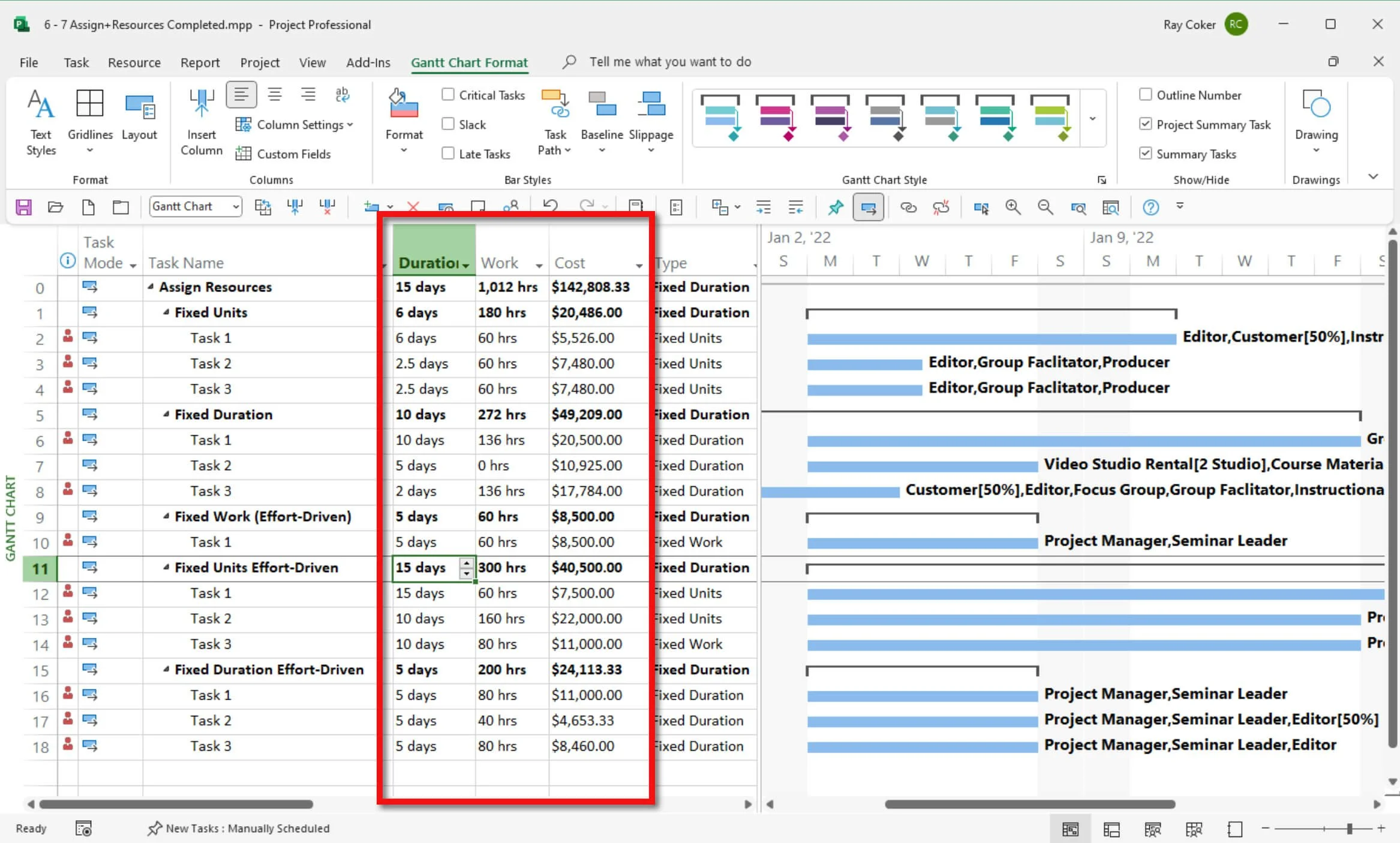 Microsoft Project Assign Resources exercise showing completed resource assignments for activities using different Task Type and Effort Driven calculation methods.