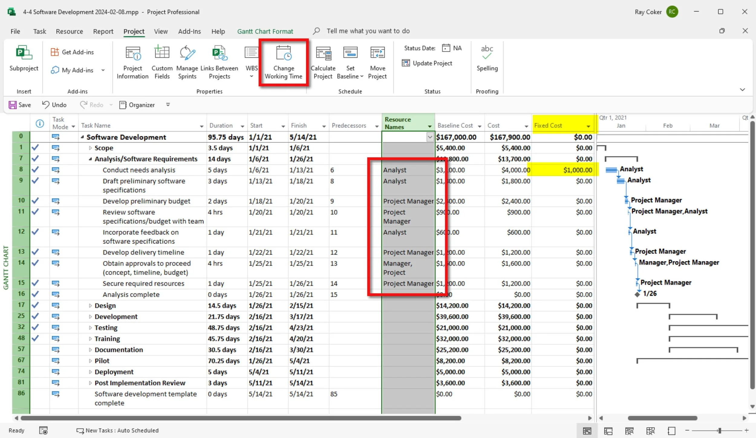 Microsoft Project Gantt Chart showing generic skill resources assigned to existing tasks. The assignments remain connected after the original resource names are changed.