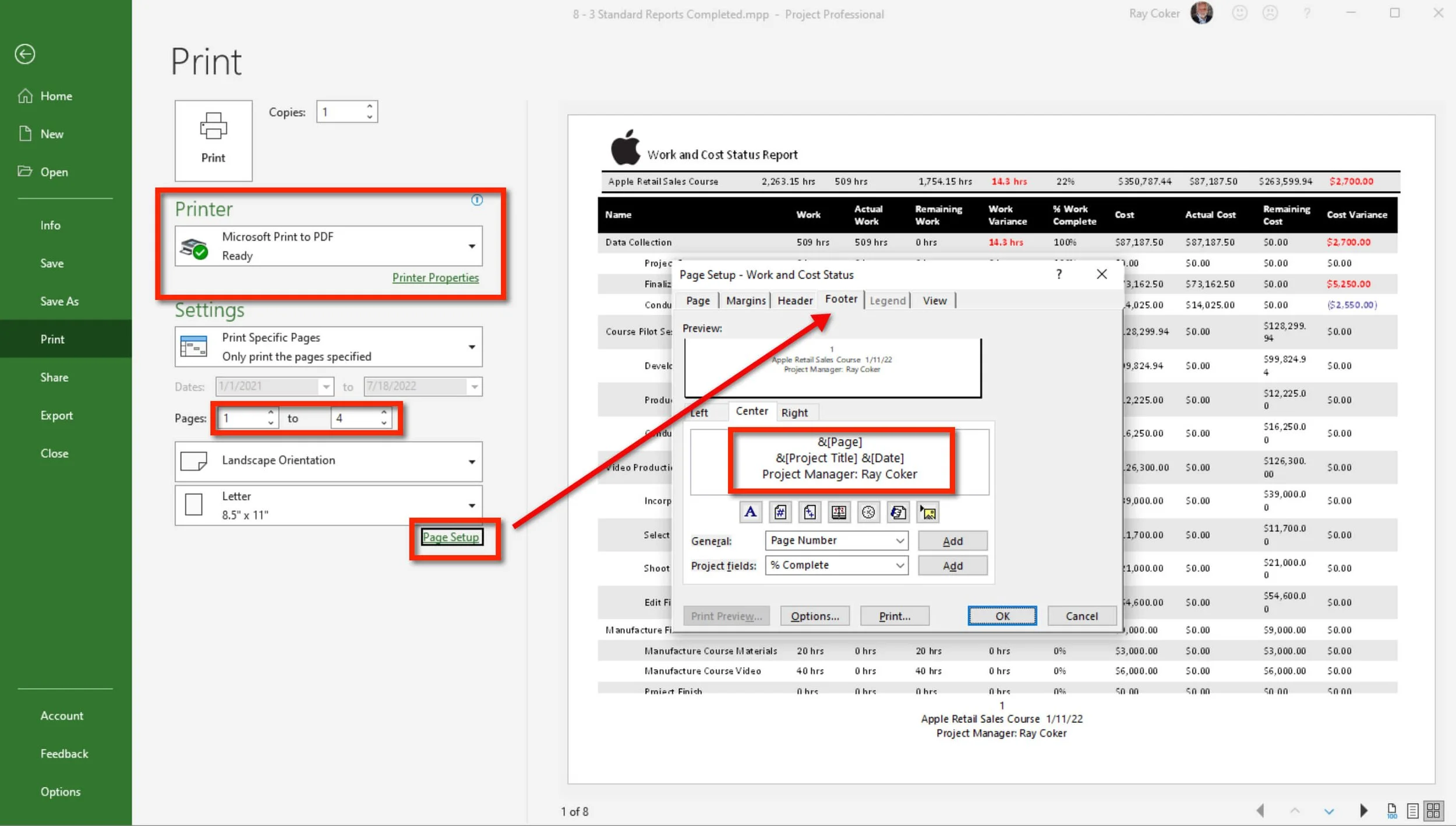 Microsoft Project Print Preview displaying the completed Work and Cost Status Report with PDF printer selection, page scaling, and print layout options.