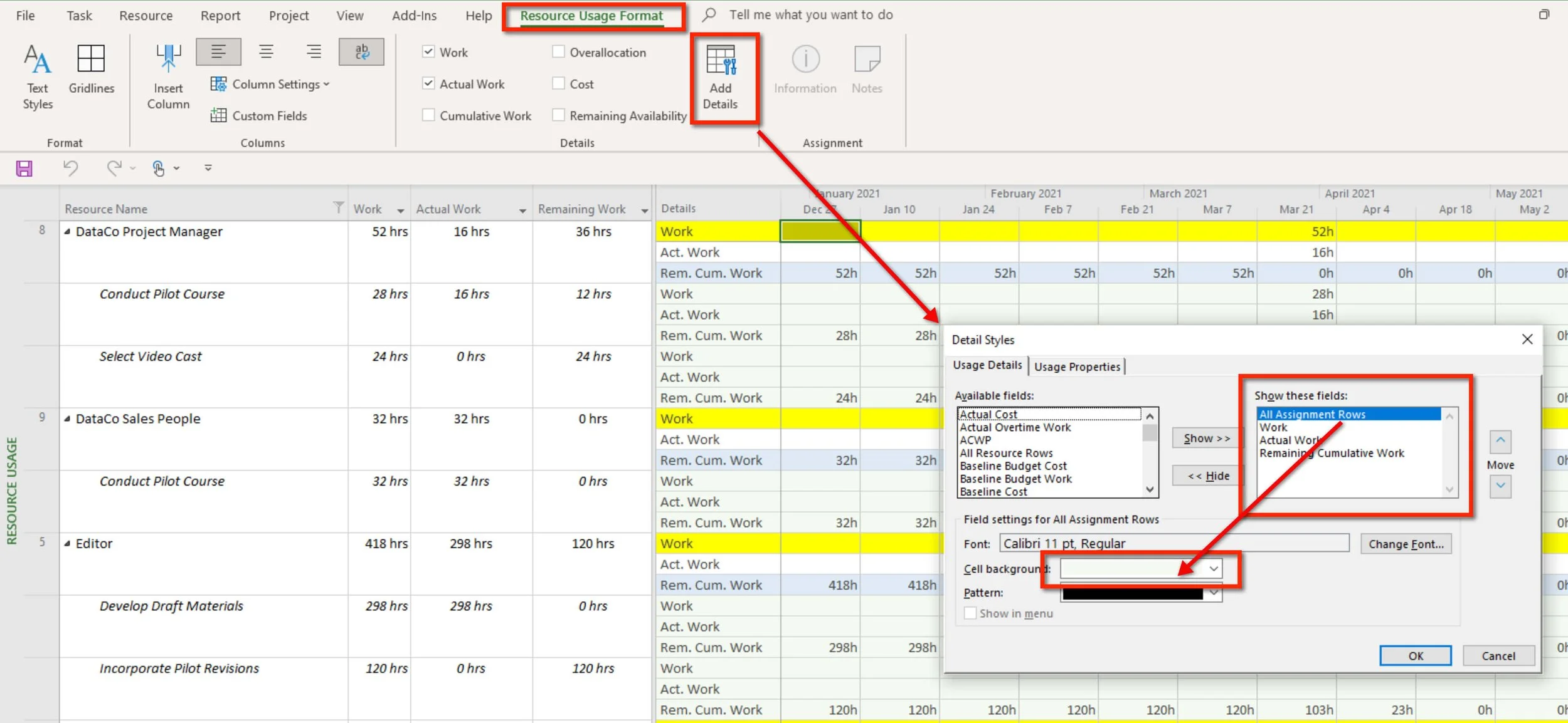 Completed Microsoft Project Resource Usage view sorted by Resource Name with weekly timescale and Work, Actual Work, and Remaining Cumulative Work displayed.