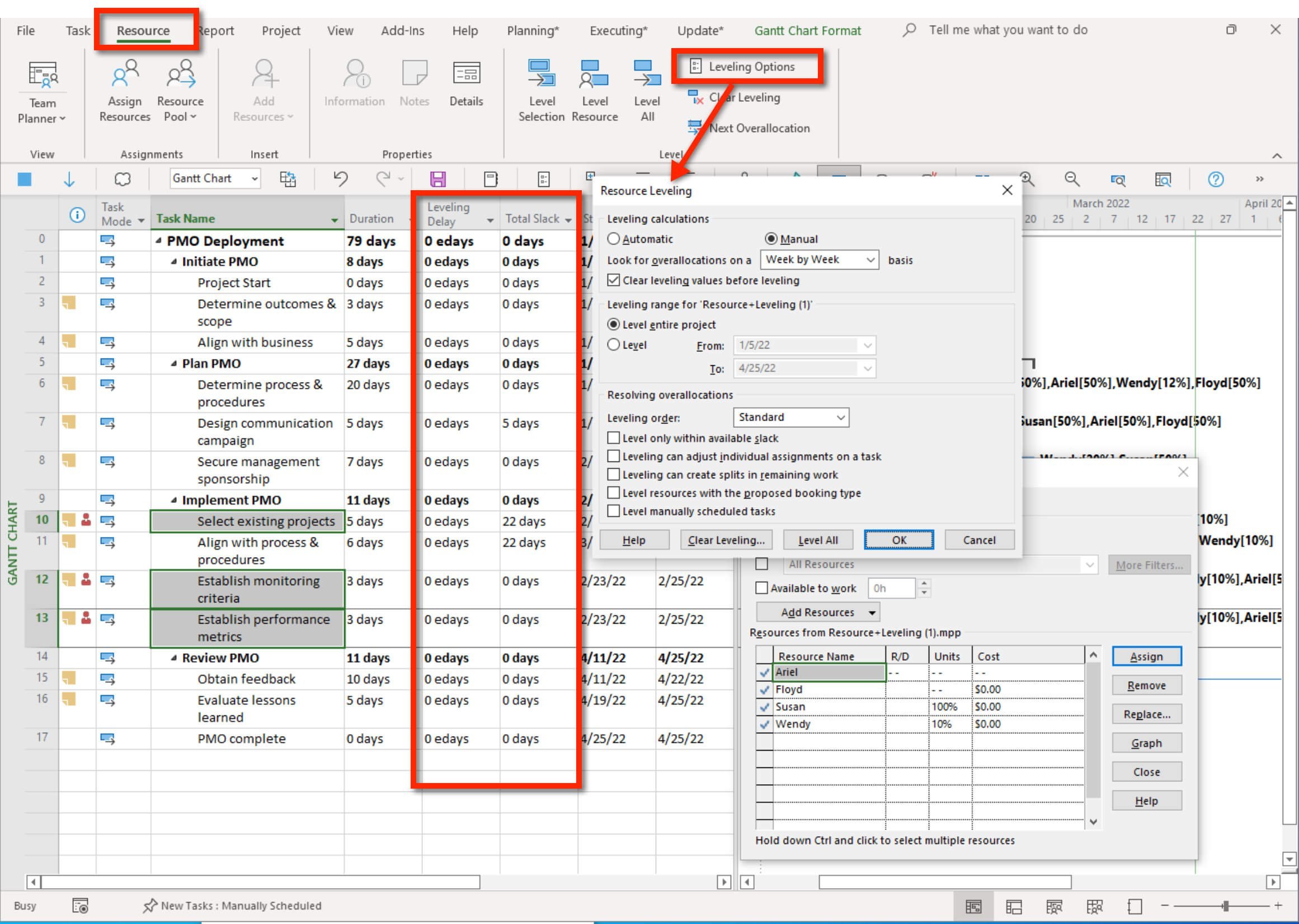 Free online training for microsoft project - How to make selections for resource leveling in microsoft projects