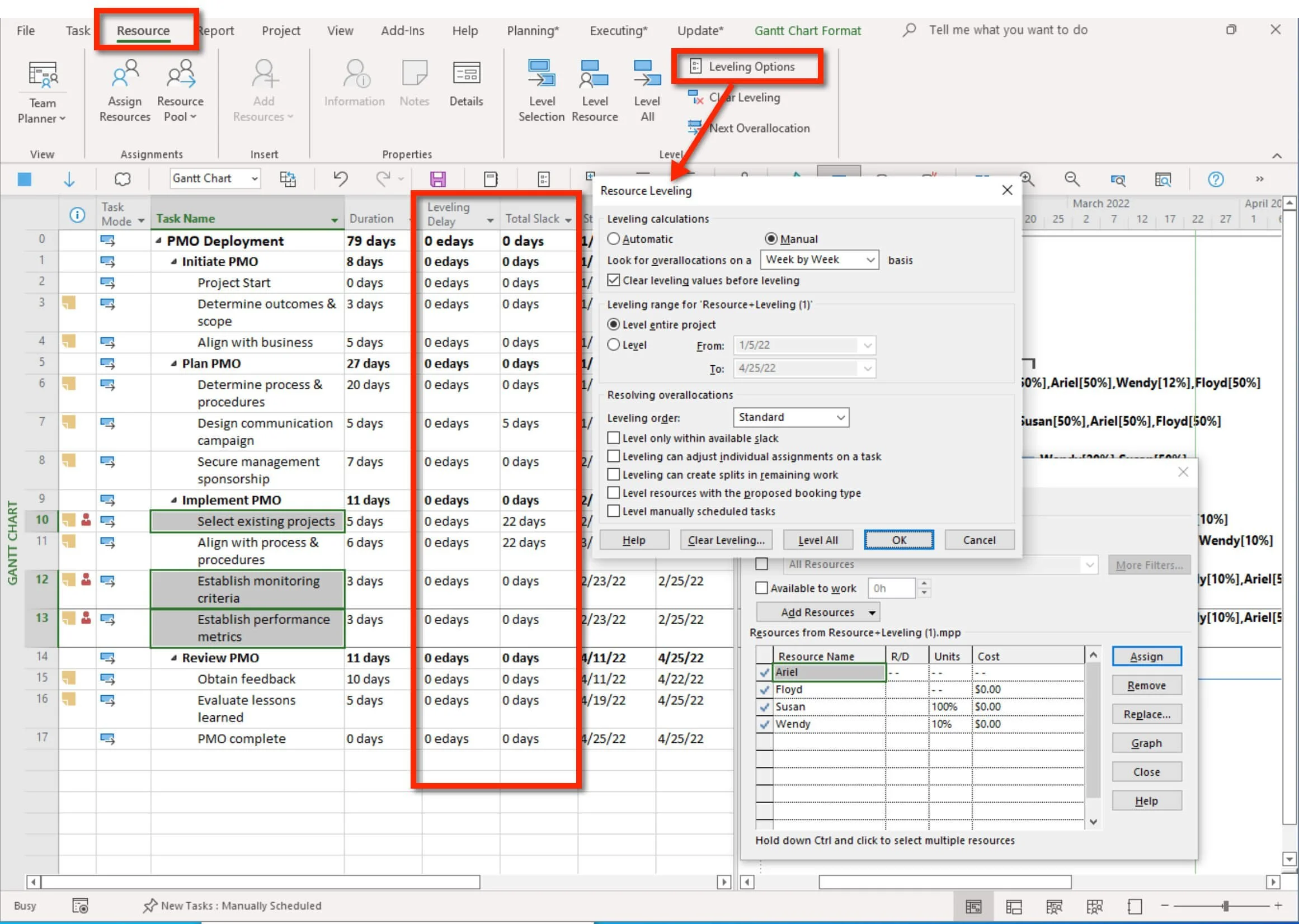 Microsoft Project Resource Leveling dialog showing options that control automatic workload balancing, leveling order, Activity splitting, available slack, and scheduling behavior.