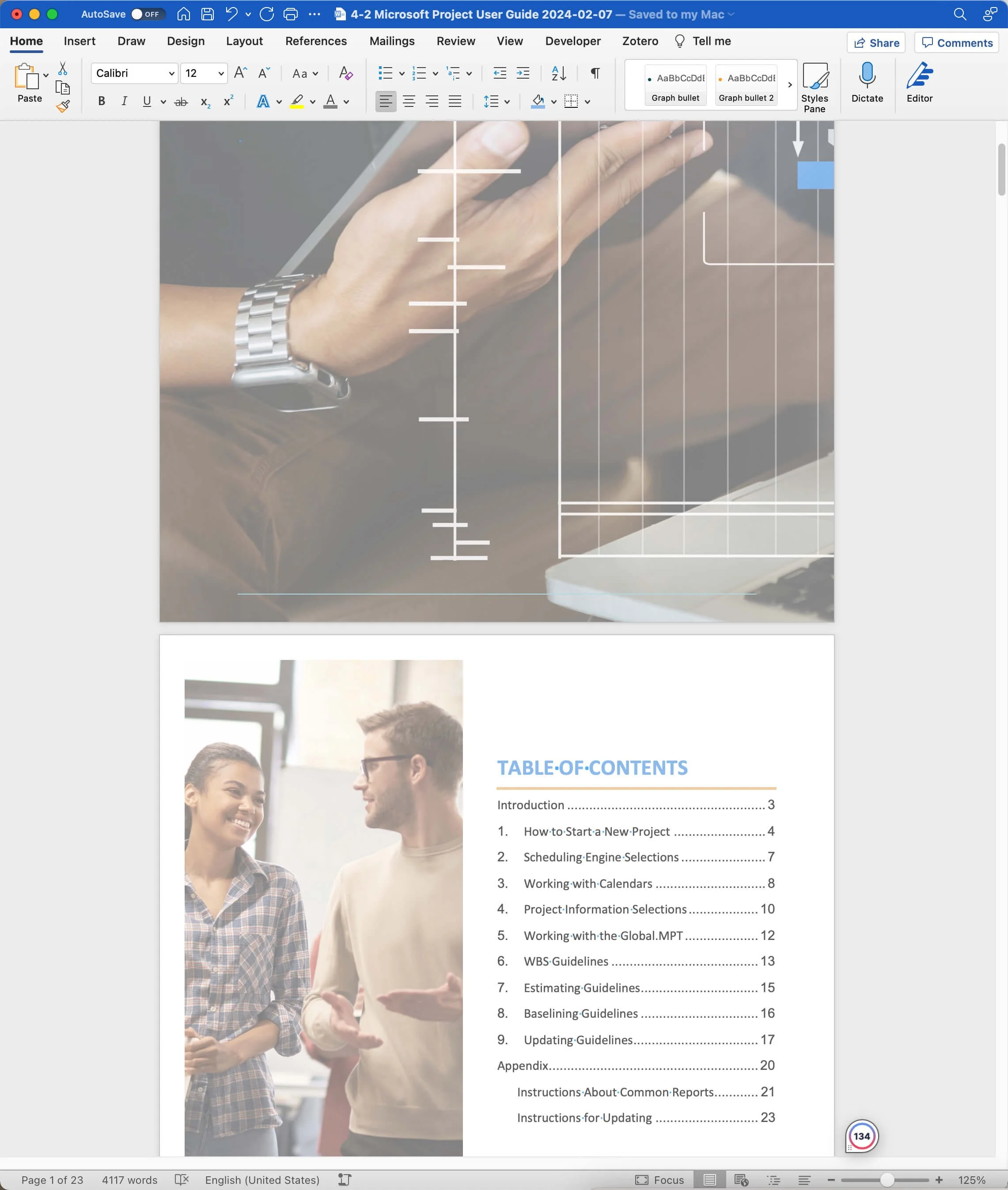 Microsoft Project User's Guide document displayed in Microsoft Word. The guide documents organizational standards, configuration settings, and best practices for using Microsoft Project consistently.