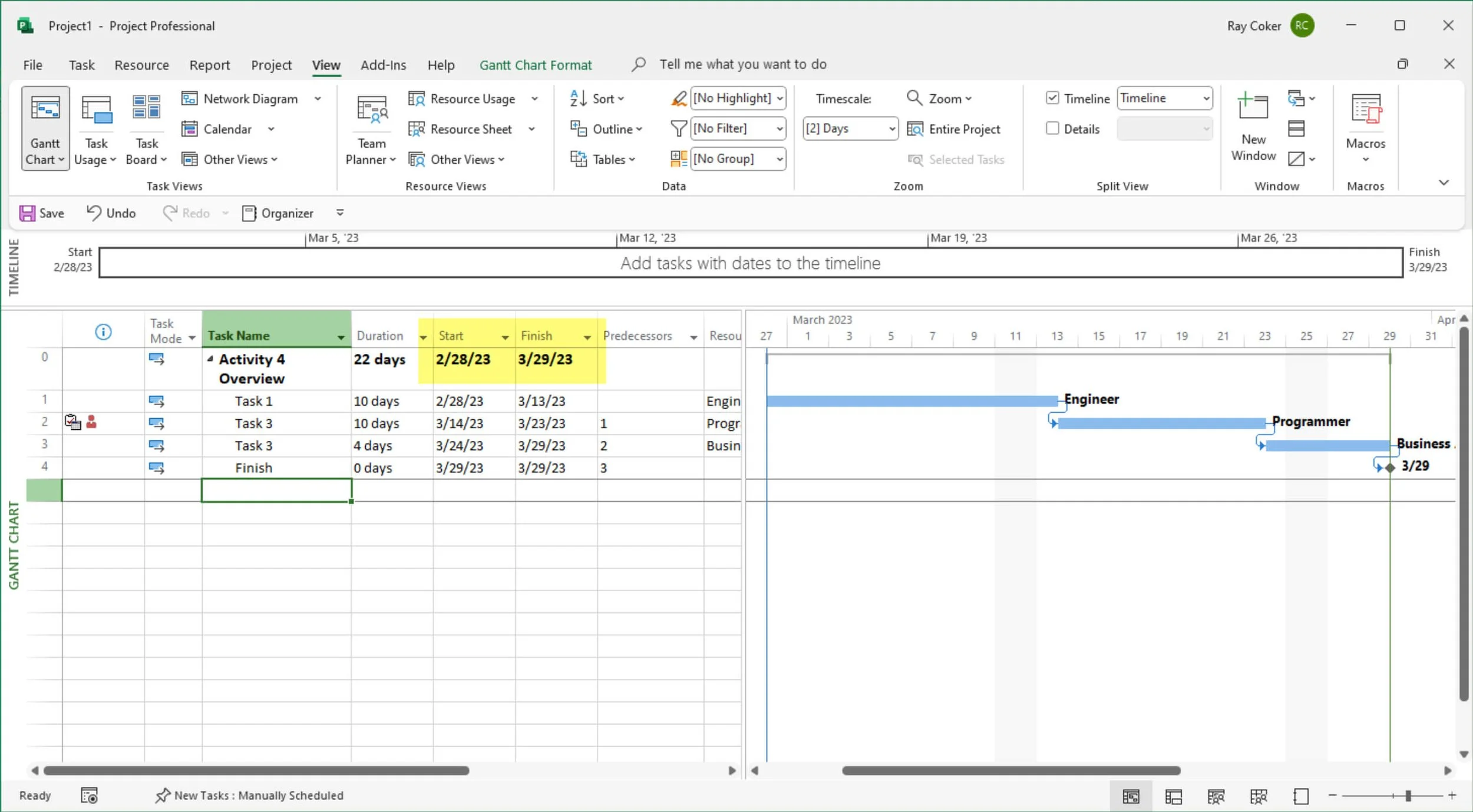 Microsoft Project Gantt Chart illustrating a project scheduled from a specified finish date. The schedule demonstrates backward planning, with task dates calculated from the project finish date to the start date.