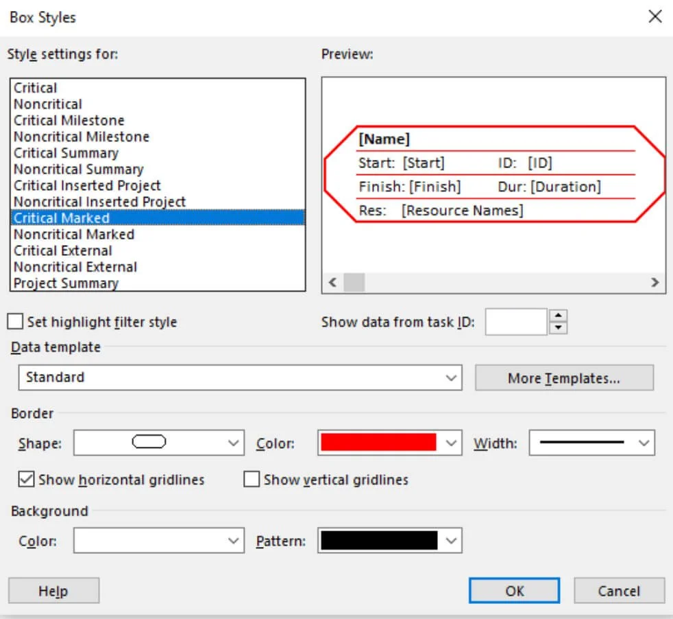 Microsoft Project Box Styles dialog displaying style definitions for Critical, Noncritical, Summary, Milestone, and other node types in the Network Diagram view.