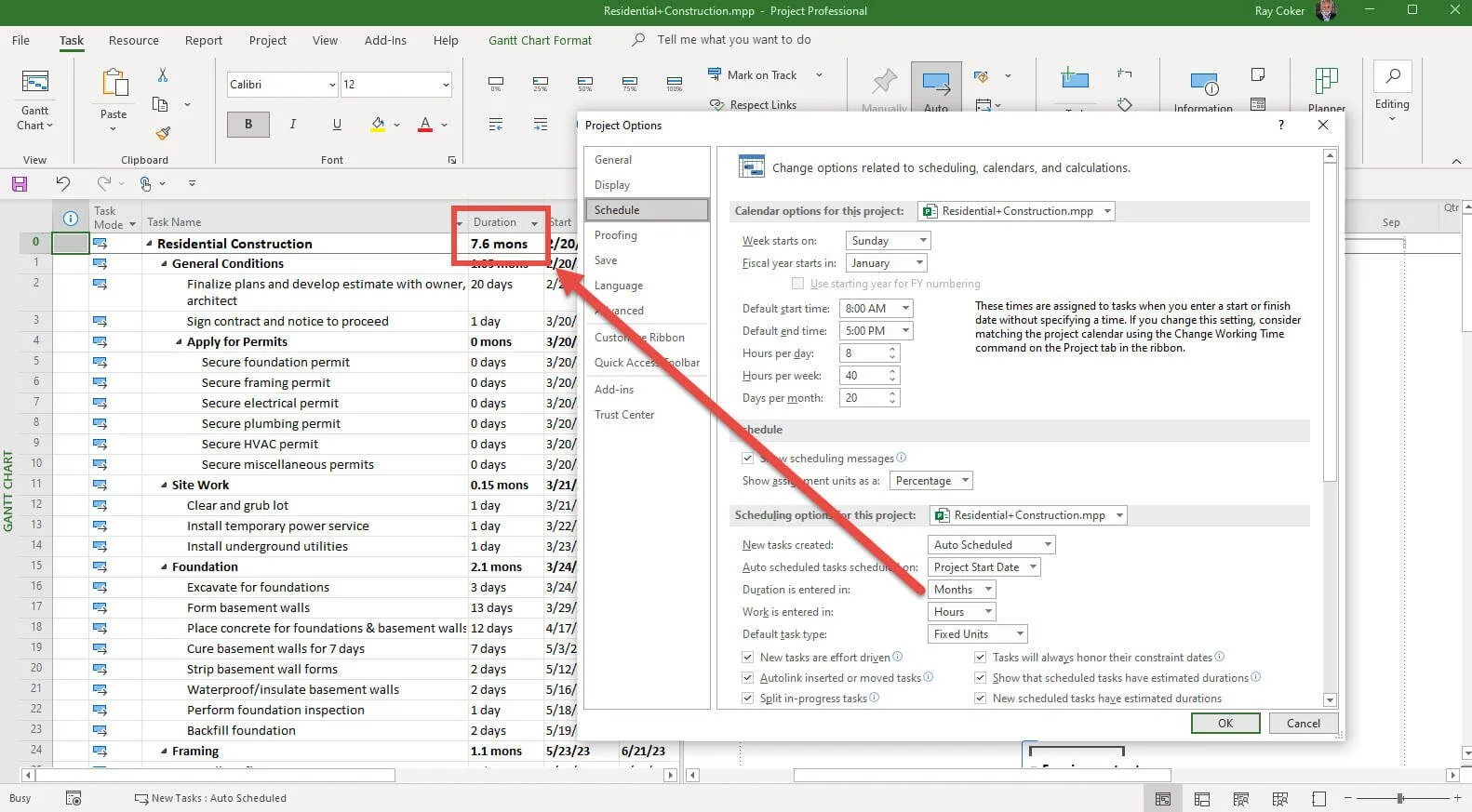 Microsoft Project screenshot showing Project Options set to display duration in months and Summary Task durations converted from days to monthly values.