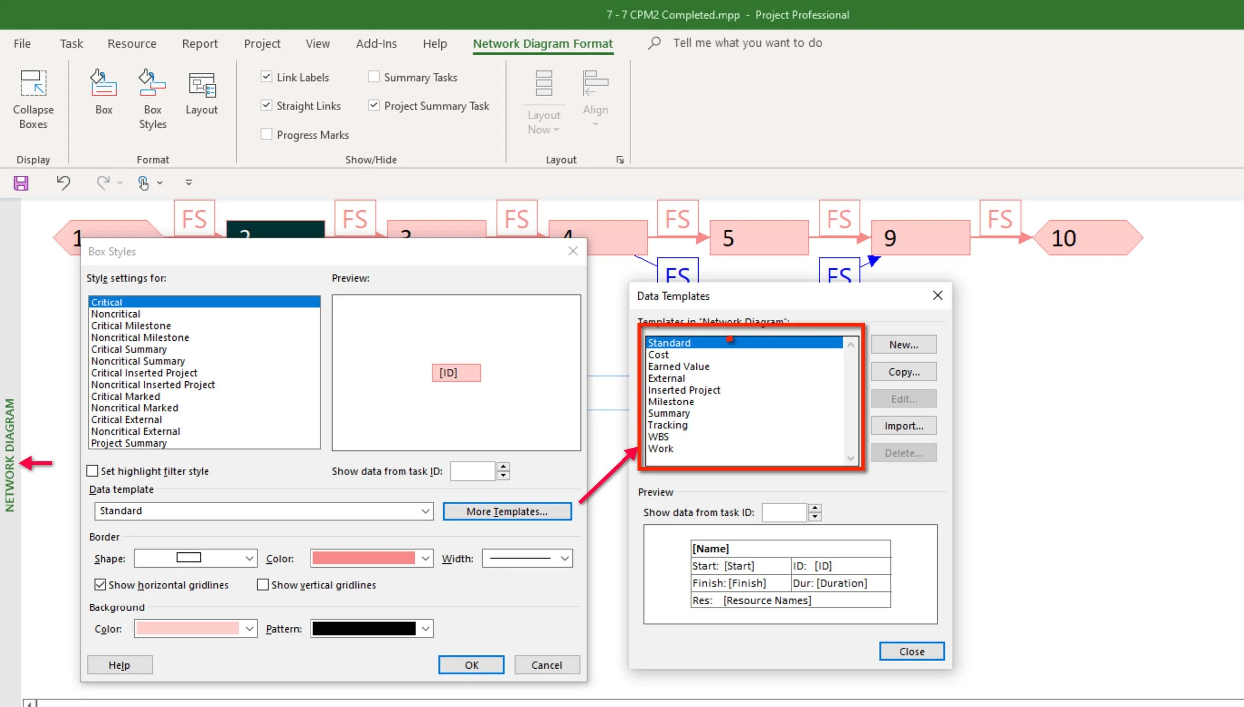 Microsoft Project Network Diagram Templates list displaying the available templates used to control the fields shown within activity nodes.
