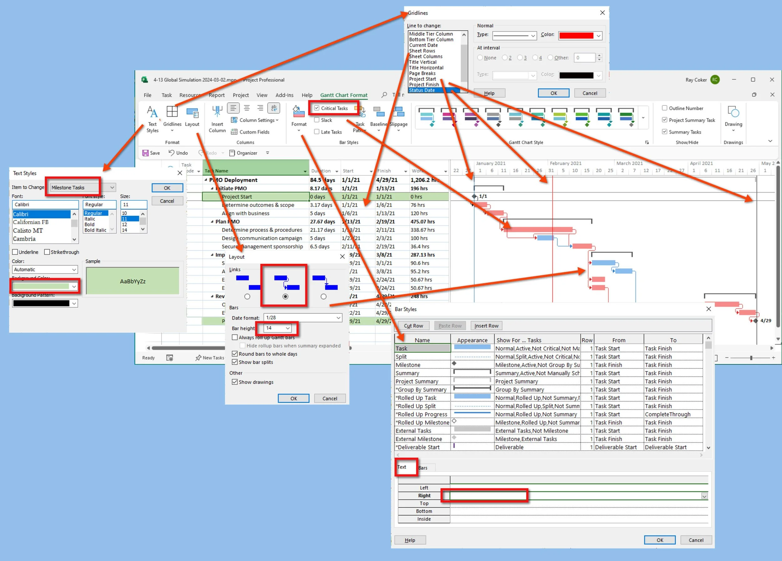 Microsoft Project Gantt Chart with callouts showing Text Styles, Gridlines, Critical Tasks, Layout, bar height, and Bar Styles settings used to format the schedule.