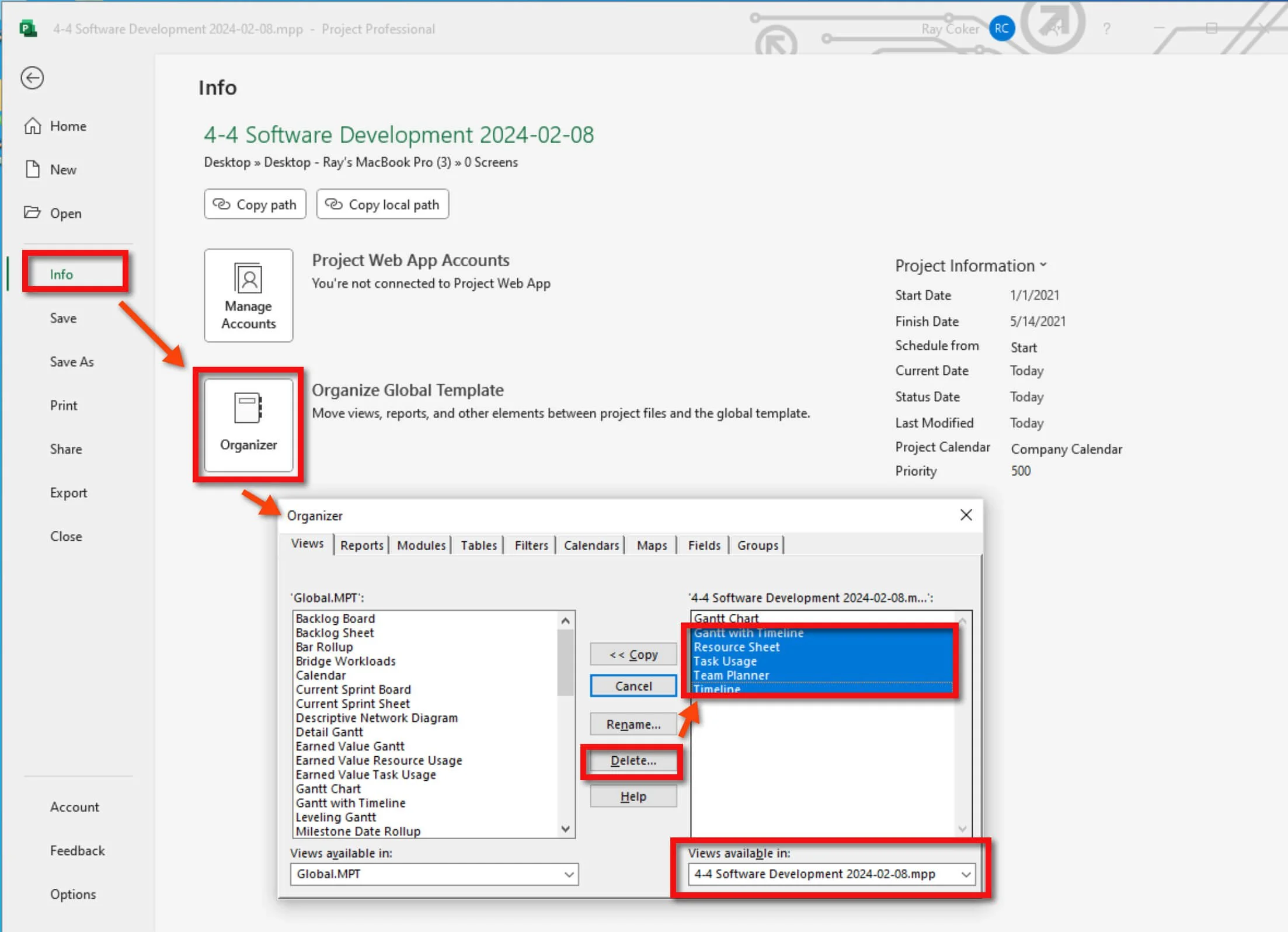 Microsoft Project Organizer dialog displaying project elements that can be copied between the current project and the Global.MPT template for reuse across projects.