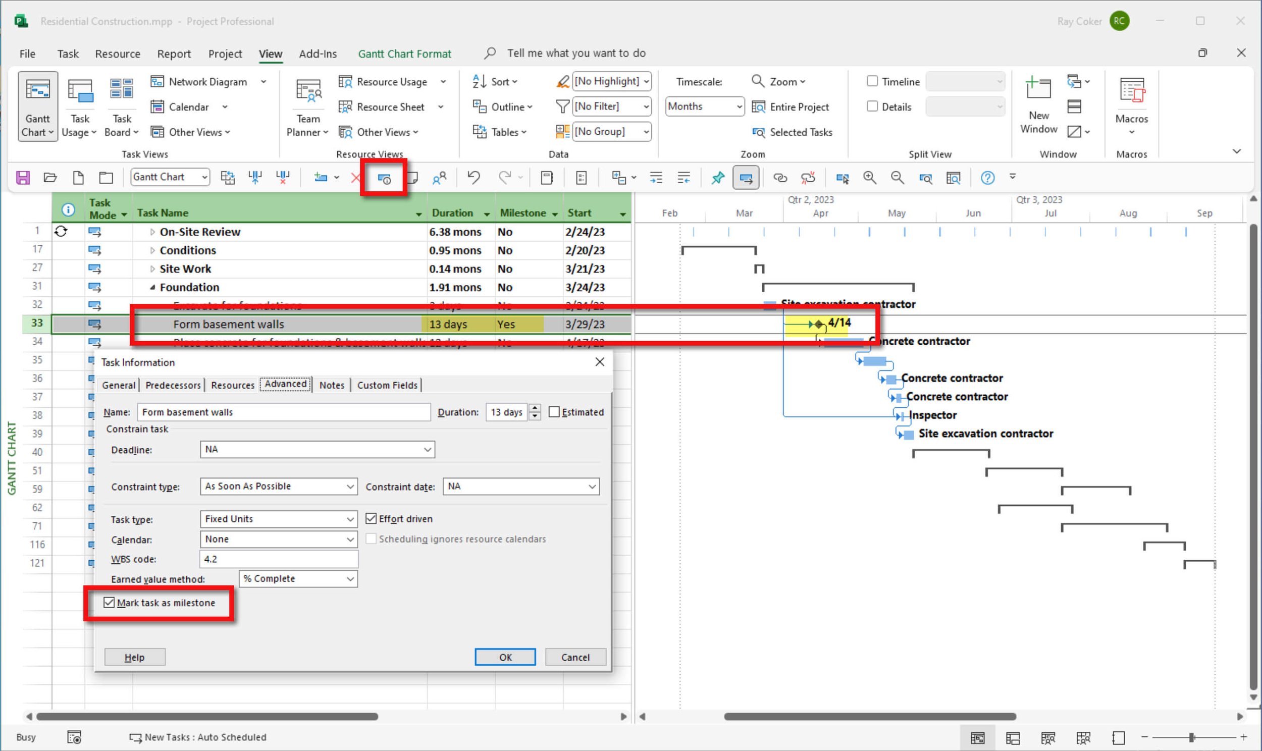 Microsoft Project Task Information dialog displaying the Mark task as milestone checkbox while a task is selected in the Gantt Chart to convert it into a milestone.