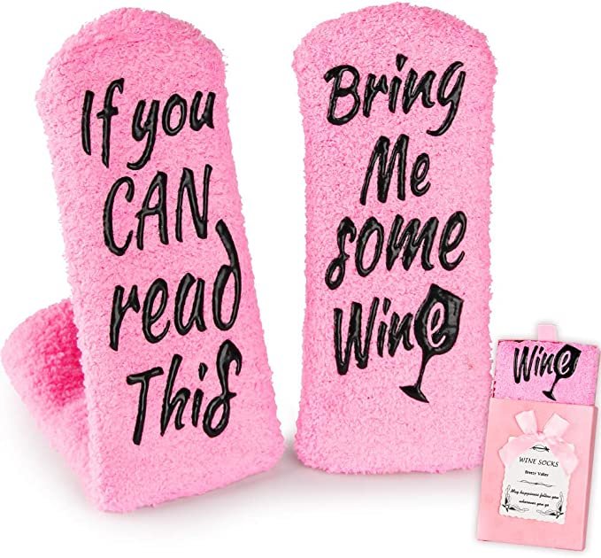 Fuzzy Pink "If You can Read This Bring me Some Wine" socks