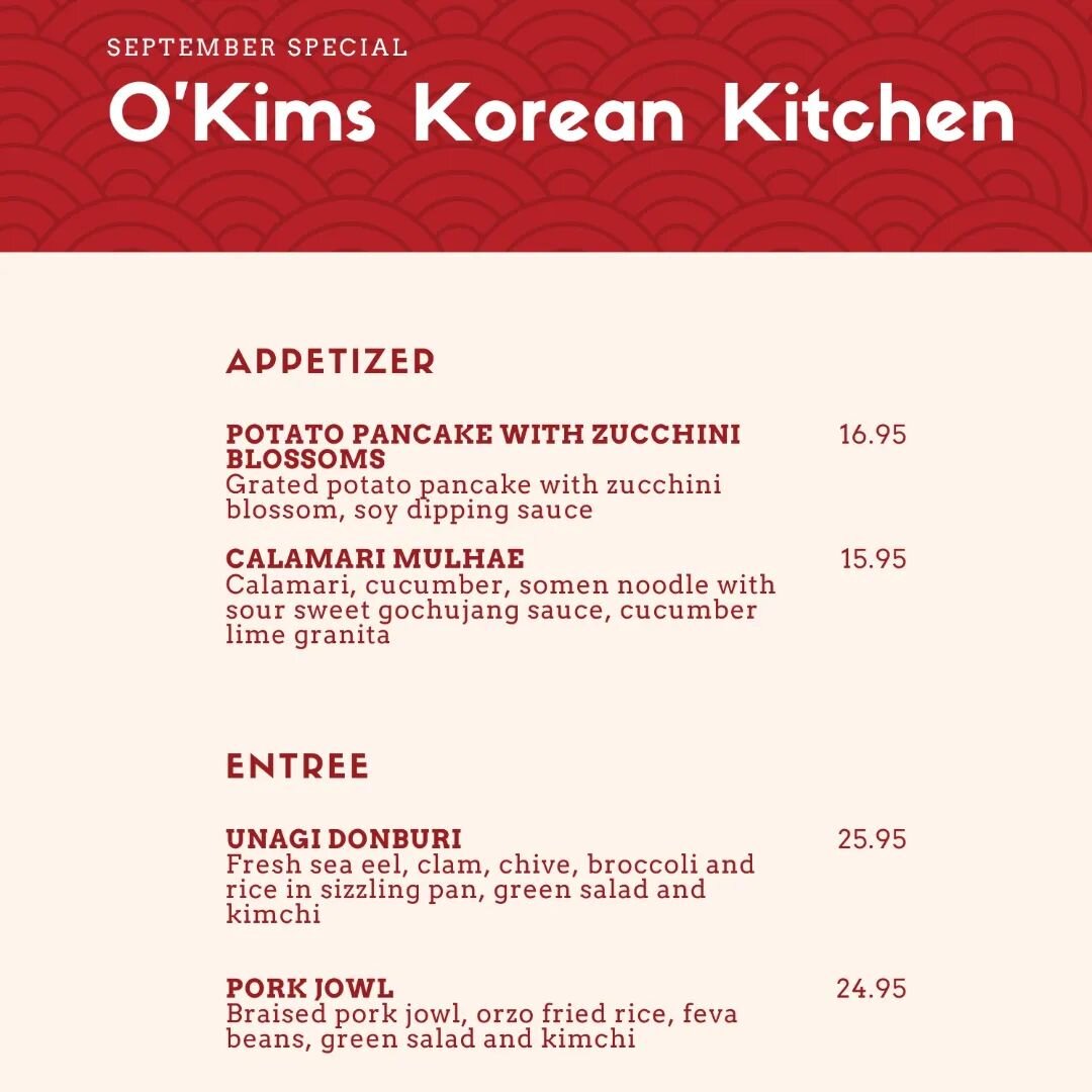 September special menu is out!!!

We have Unagi Donburi this month 😃

See you after 11am✨

#Okims #okimshonolulu #unagidon #eeldon #porkjowl #potatopancake #honolulurestaurant #honolulufoodies #koreanfood #helloseptember #bonappetit
#koreanrestauran