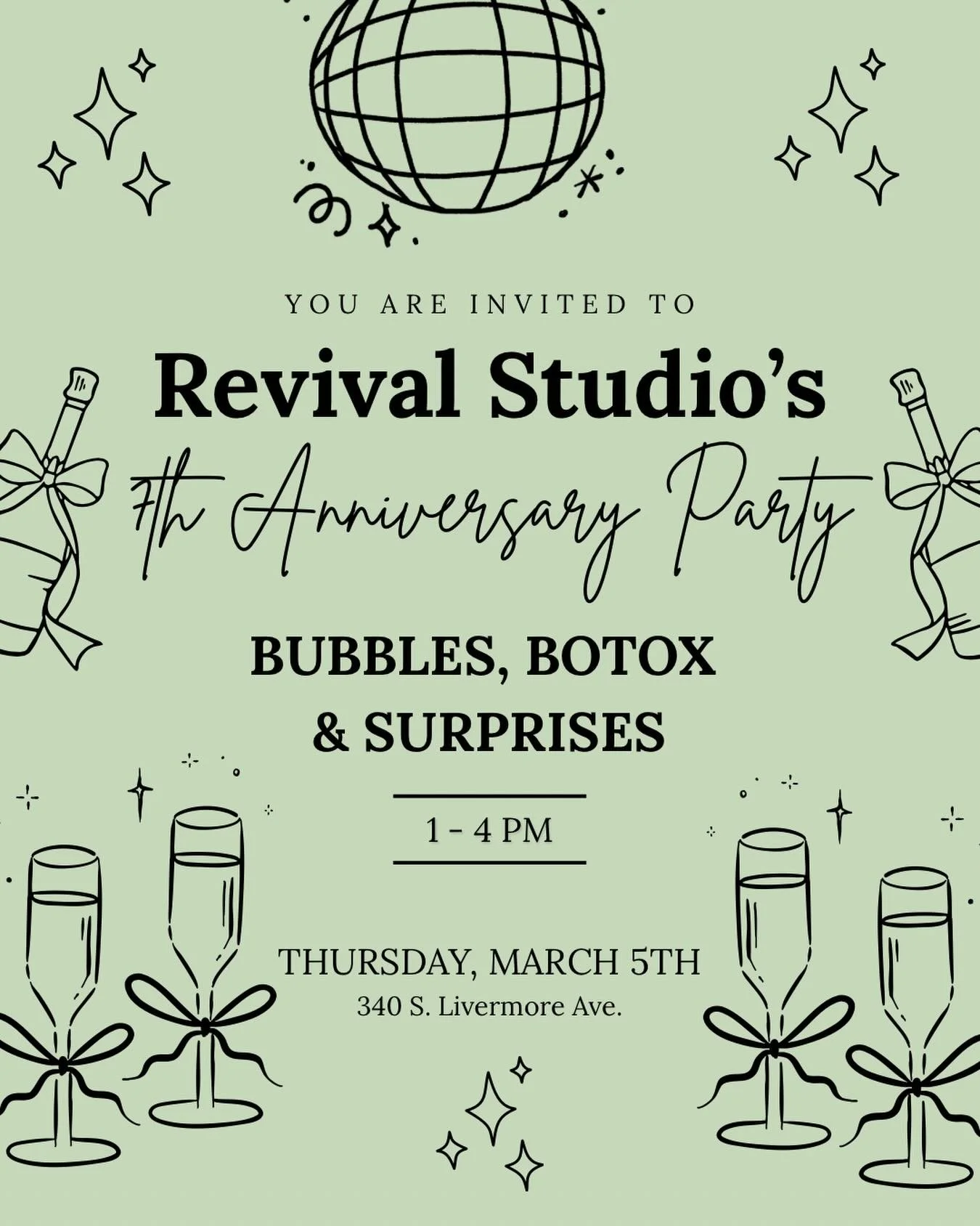 🎉✨ REVIVAL STUDIO IS TURNING 7 ✨🎉
And we&rsquo;re celebrating the only way we know how&hellip;
🫧 Bubbles
💁🏼&zwj;♀️ Blowouts
💉 Botox
🎁 + a fun surprise you won&rsquo;t want to miss

Join us Thursday, March 5 | 1&ndash;4 PM for our 7-year annive