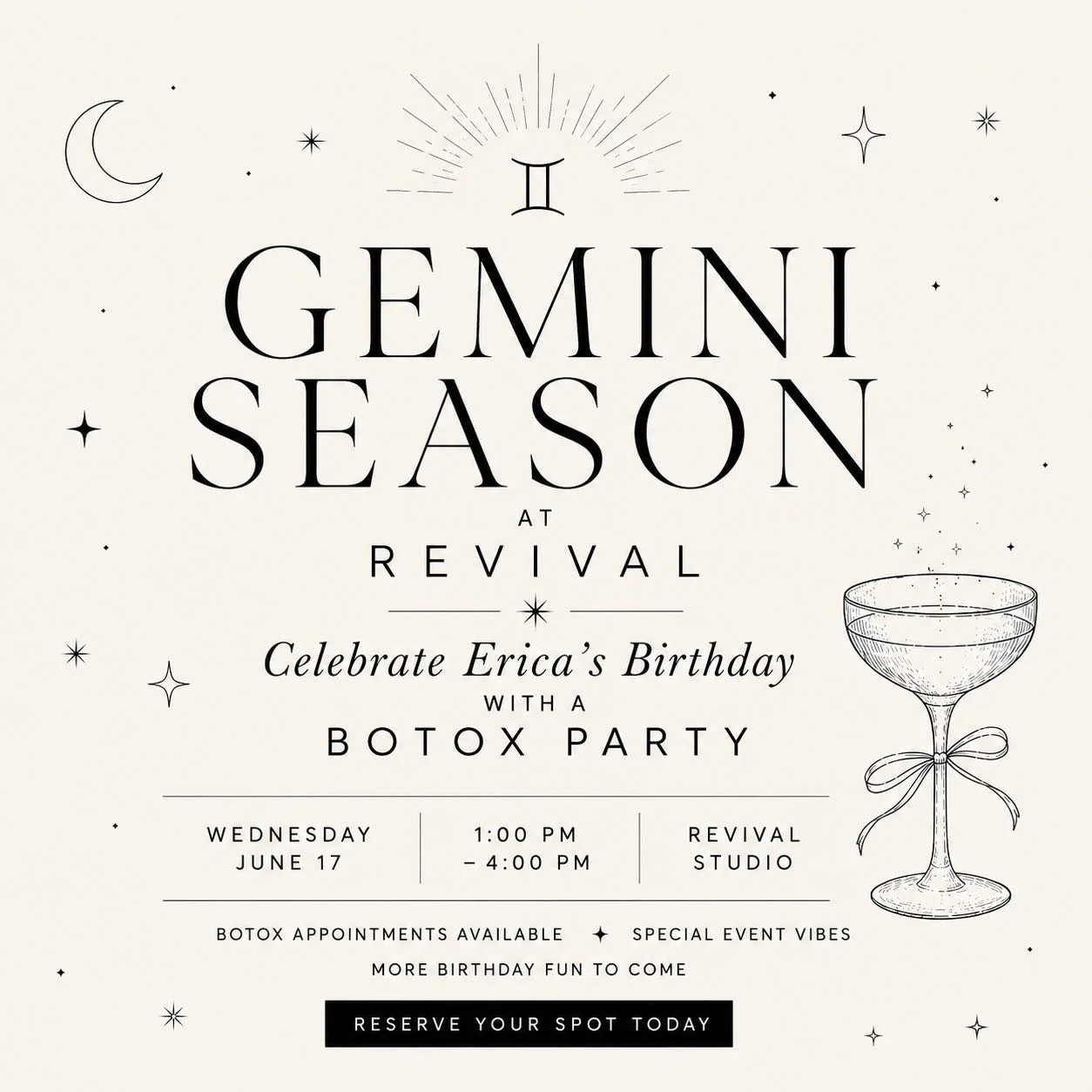 It&rsquo;s Gemini Season, and we&rsquo;re celebrating in style. ♊️✨

Join us on Wednesday, June 17 from 1&ndash;4 PM as we celebrate @hairbyericasantos birthday with a Botox Party at Revival Studio.

Come enjoy an afternoon of beauty, self-care, and 
