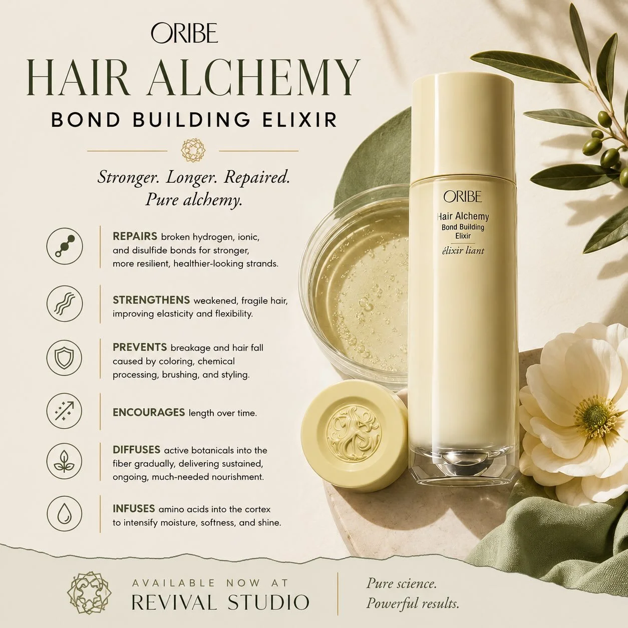✨ Meet the newest innovation from @oribe - Hair Alchemy Bond Building Elixir

Stronger hair starts at the source.

This advanced leave-in treatment repairs broken hydrogen, ionic, and disulfide bonds to restore strength from within, helping reduce br