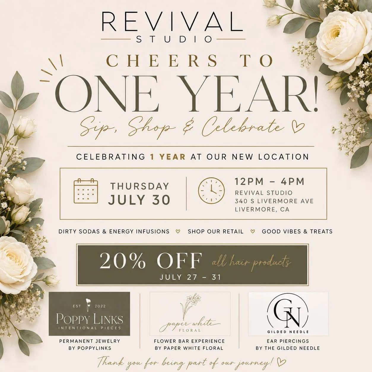 🥂 Cheers to One Year! 🤍

At the end of July, we&rsquo;ll be celebrating one year at our new location, and we can&rsquo;t wait to celebrate with all of you!

Join us as we celebrate this special milestone with an afternoon of sipping, shopping, and 