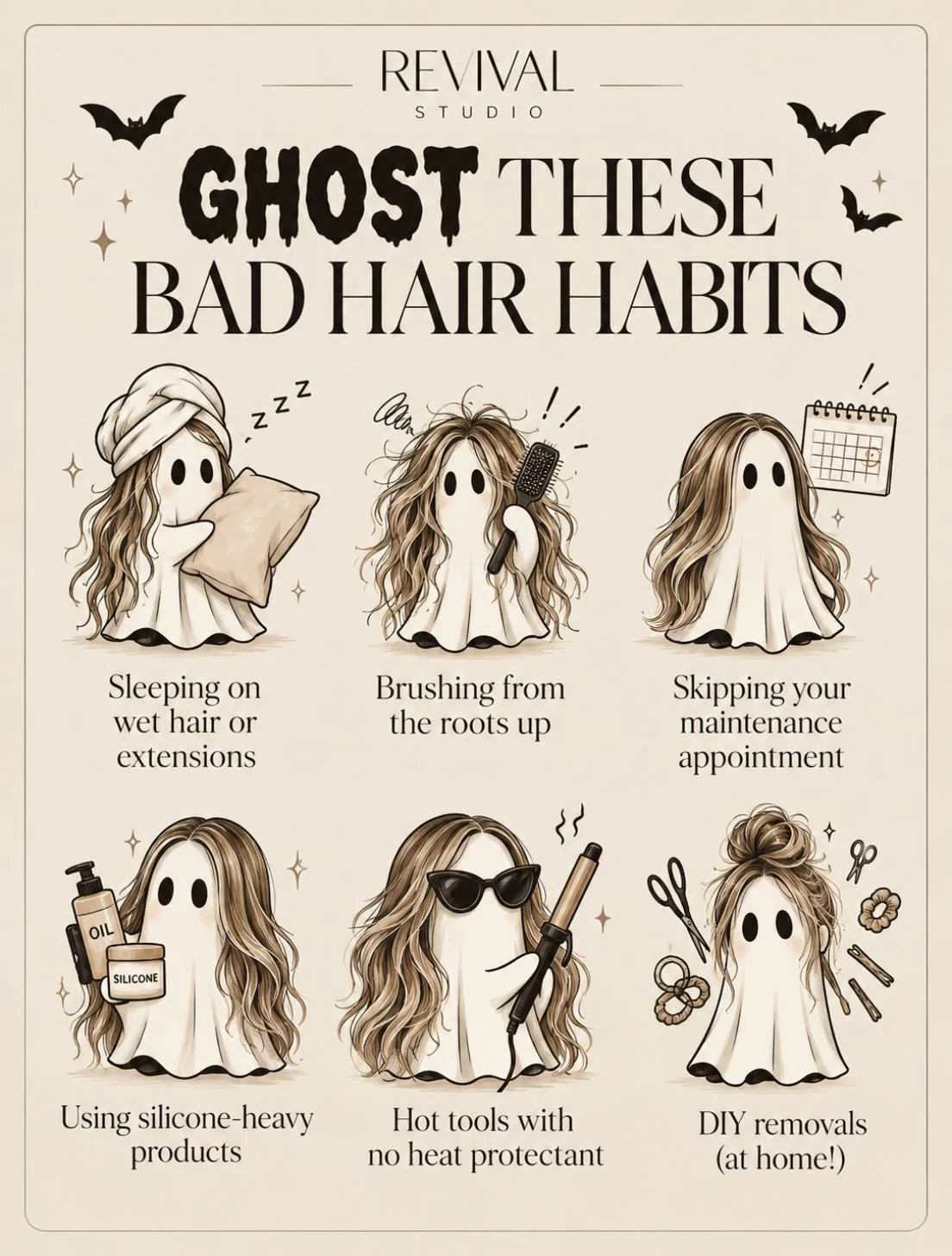 This spooky season, we&rsquo;re saying goodbye to the habits that haunt our hair! 💀

From sleeping with wet extensions to skipping your move-up appointments, some habits are better left in the past.

✨ Healthy hair and beautiful extensions don&rsquo