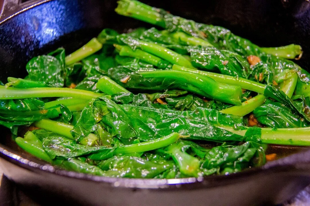 This Chinese Broccoli (Kai Lan, 芥蓝), coated in garlic and oyster sauce, was soooooo goooodddd.  Another hit from Pippa Middlehurst's Dumplings and Noodles cookbook, were bright, crunchy, salty, and savory.  We will definitely be making this again.

K