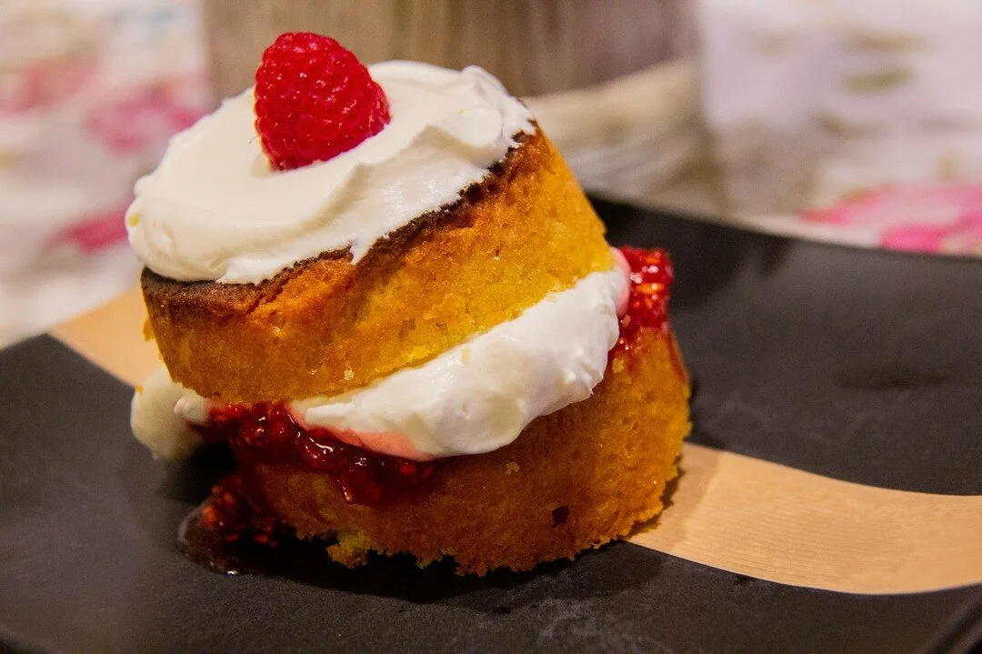 One Mini Victoria Sponge Please?  Loved this cute little nosh!  Perfectly light cake with some raspberry jam and whipped cream!  Did it matter that it was leaning?  No.  Thats just a sign of the correct amount of filling between the layers.

Mini Vic