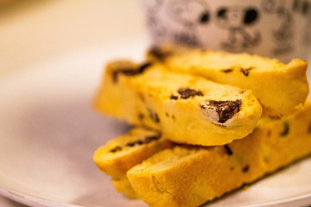 These biscotti were sooo good!  Even Ri, who doesn't love almonds, enjoyed them as well with our morning coffees.  Filled with blanched almonds and chocolate chips (as well as a little orange extract) they were super crunchy, but also full of fun fla