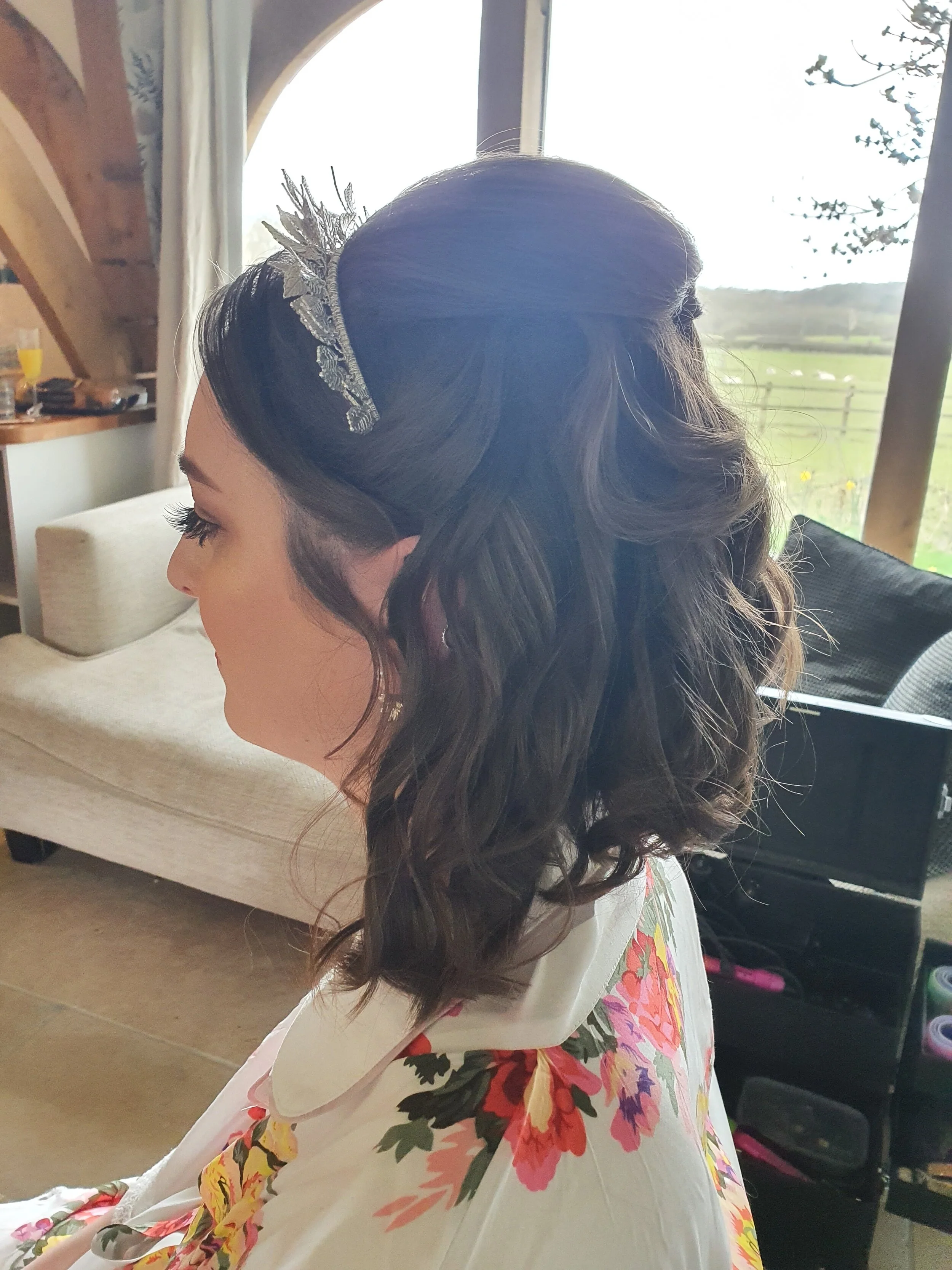wavy bridal hair with leaf crown 